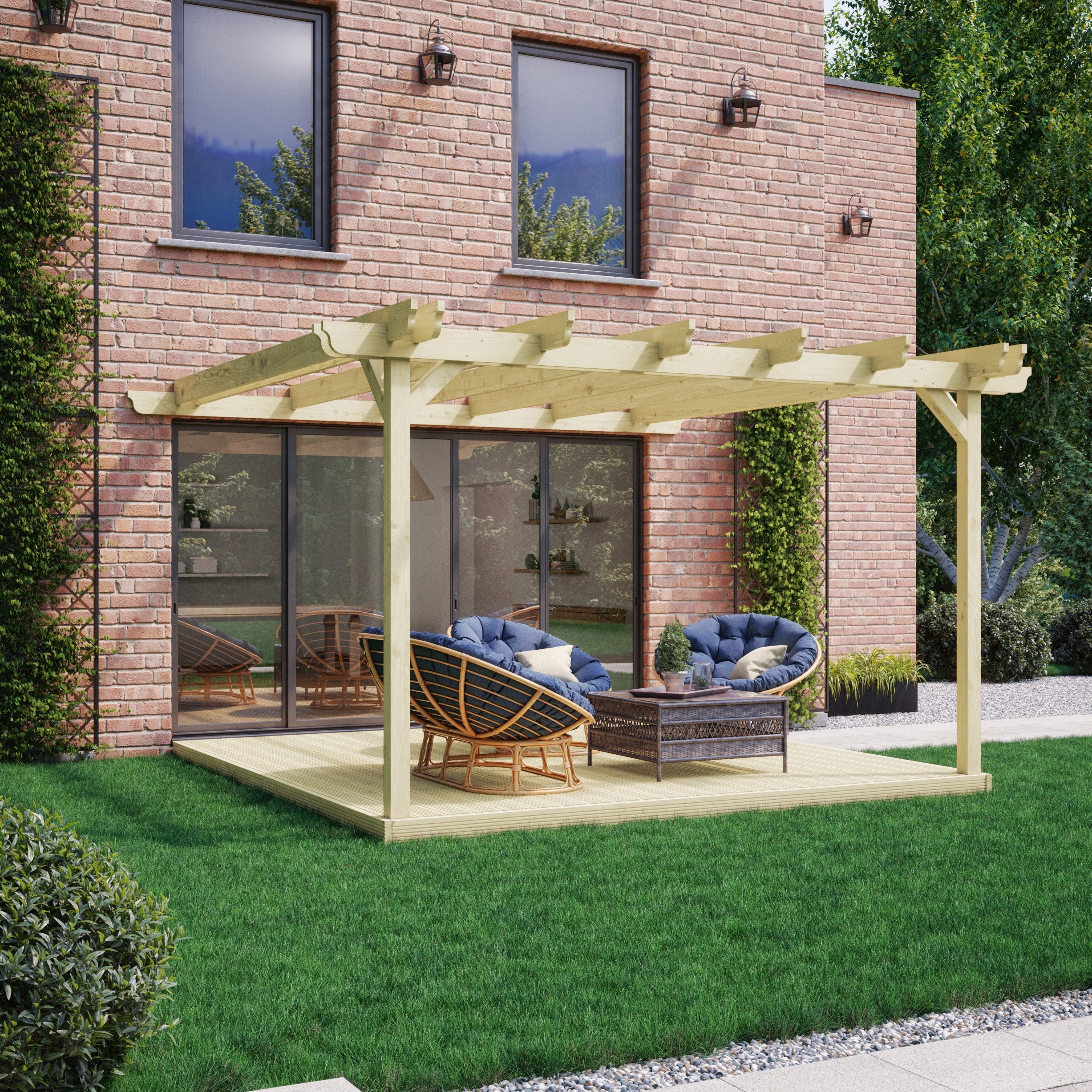Wall Mounted Double Garden Pergola with Decking - Light Green - 2.4m Depth x 2.4m Length