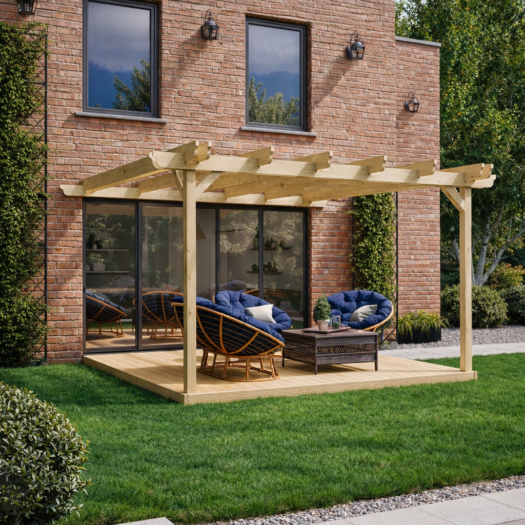 Wall Mounted Double Garden Pergola with Decking - Light Green - 3.6m Depth x 3.6m Length