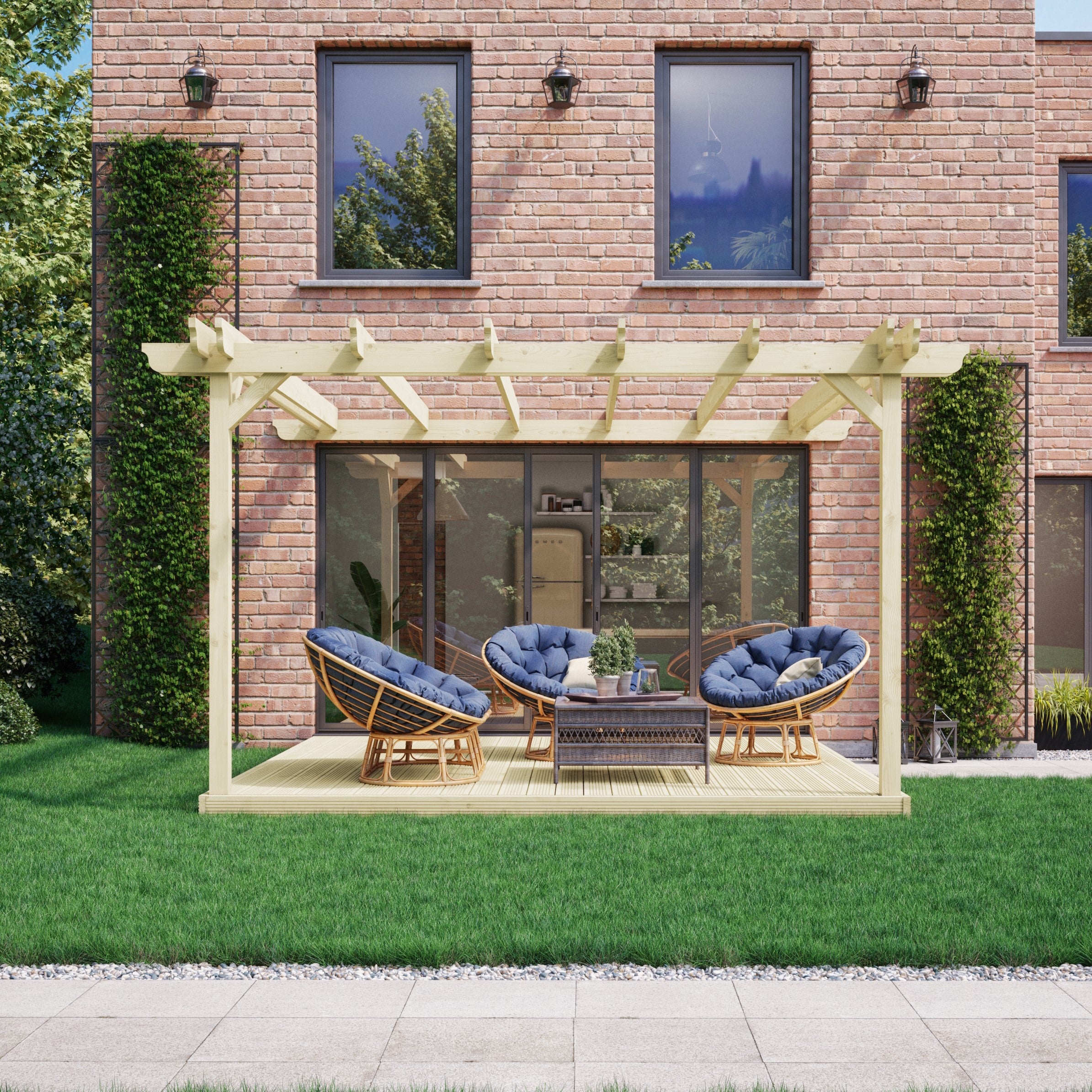 Wall Mounted Double Garden Pergola with Decking - Light Green - 2.4m Depth x 2.4m Length