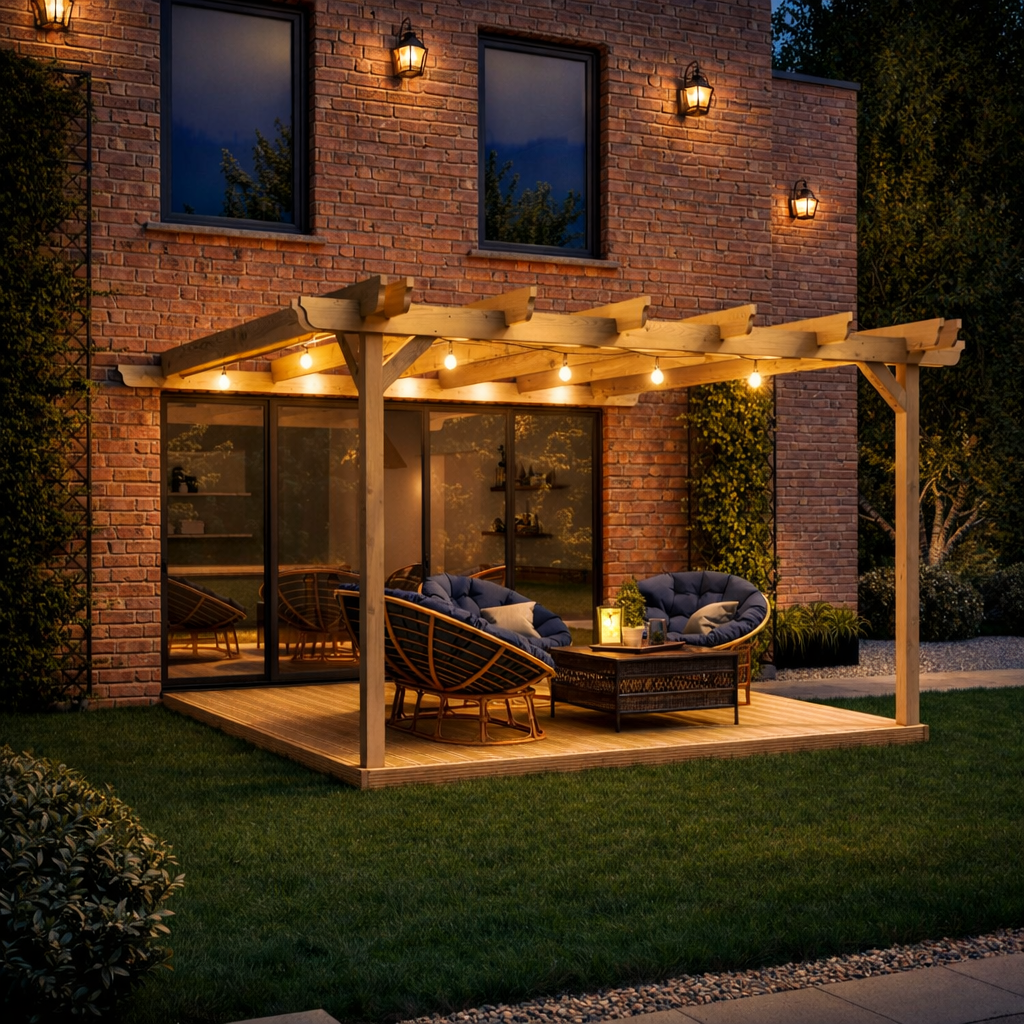 Wall Mounted Double Garden Pergola with Decking - Light Green - 2.4m Depth x 2.4m Length