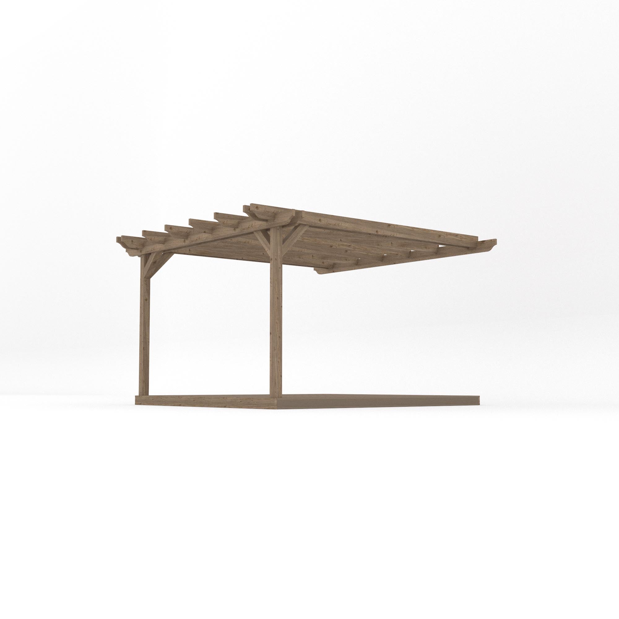 Wall Mounted Double Garden Pergola with Decking - Rustic Brown - 3.6m Depth x 3.6m Length