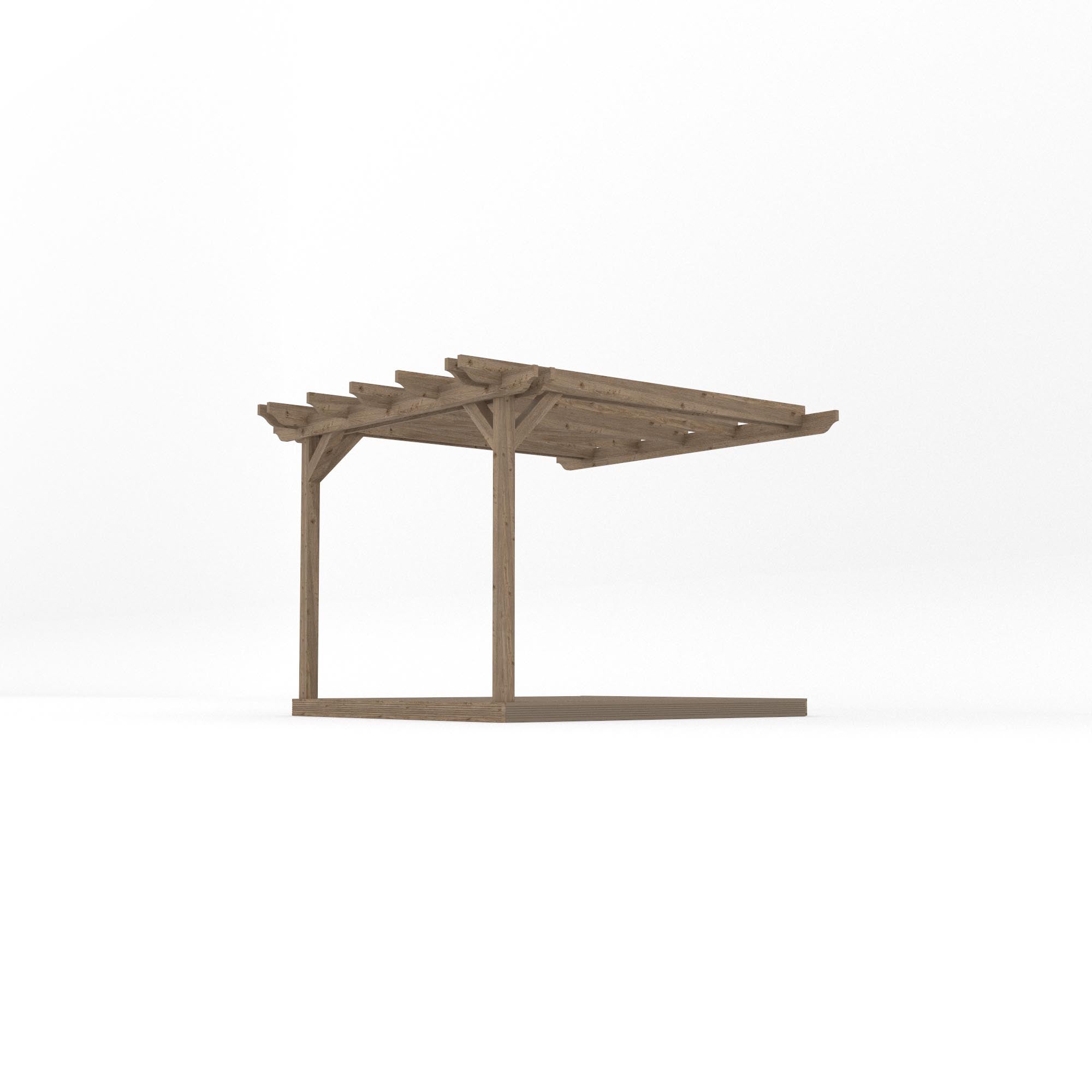 Wall Mounted Double Garden Pergola with Decking - Rustic Brown - 3m Depth x 3m Length