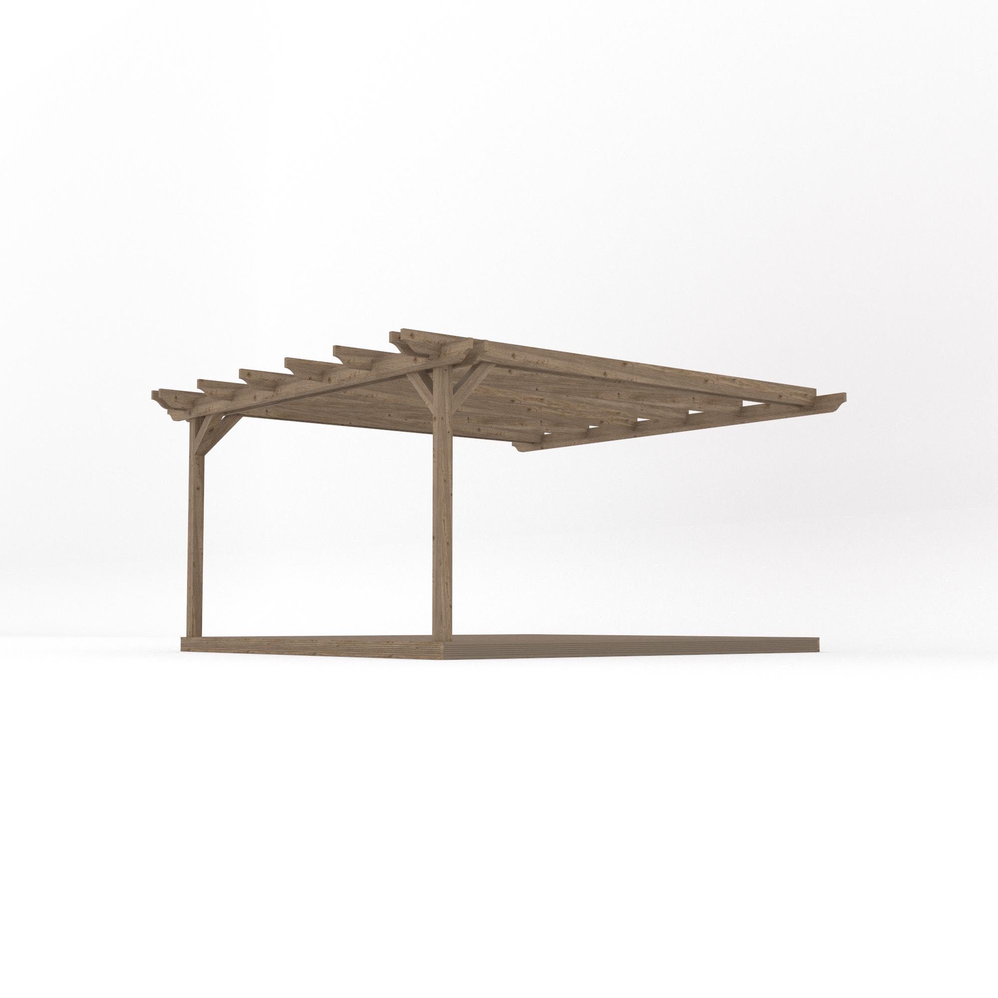 Wall Mounted Double Garden Pergola with Decking - Rustic Brown - 4.2m Depth x 4.2m Length