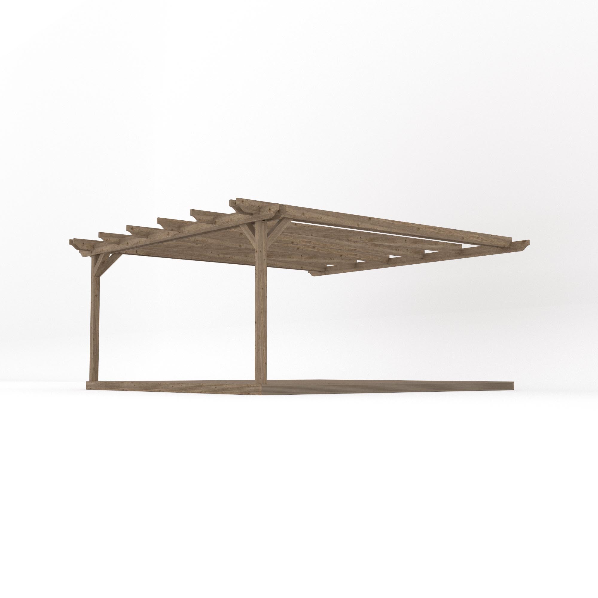 Wall Mounted Double Garden Pergola with Decking - Rustic Brown - 4.8m Depth x 4.8m Length