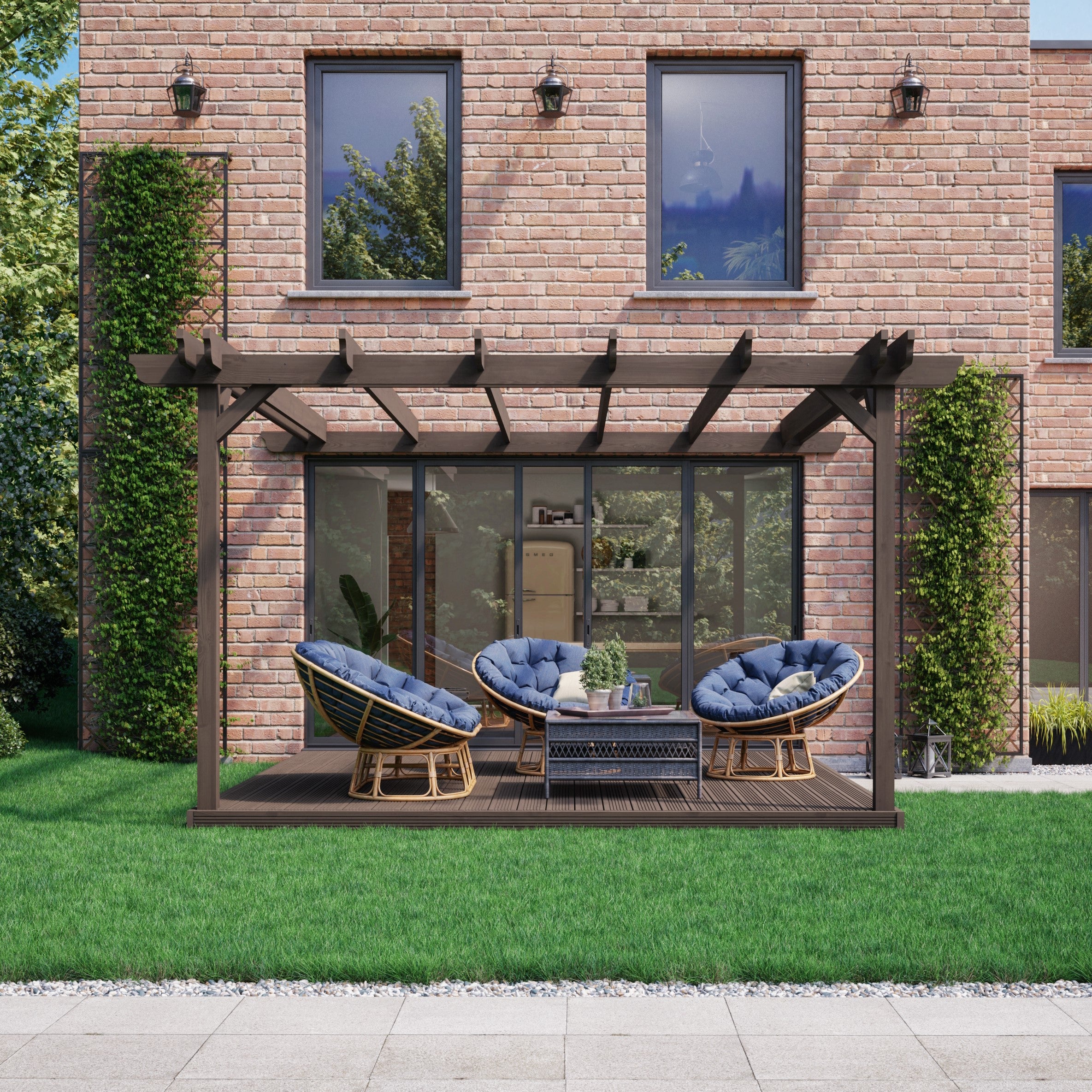 Wall Mounted Double Garden Pergola with Decking - Rustic Brown - 2.4m Depth x 2.4m Length