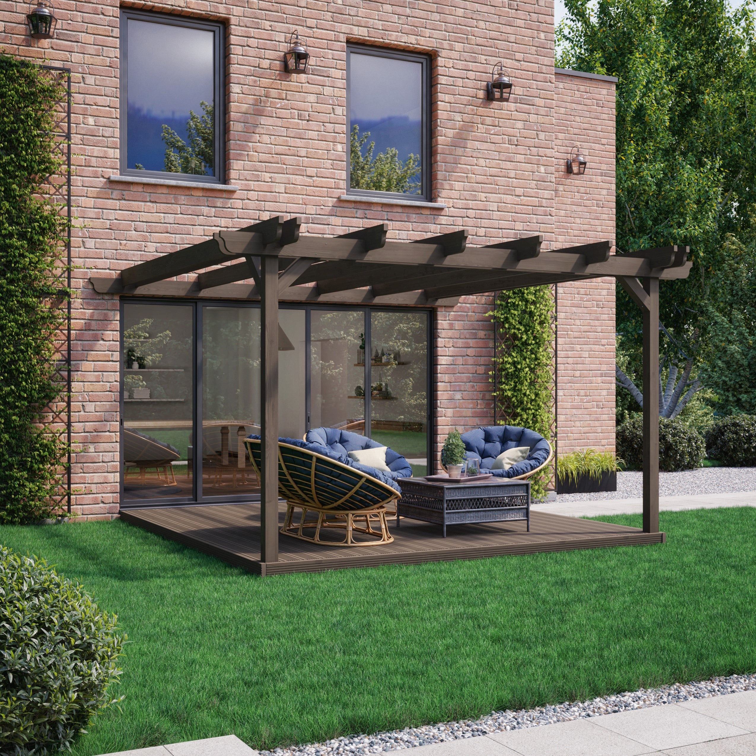Wall Mounted Double Garden Pergola with Decking - Rustic Brown - 3m Depth x 3m Length