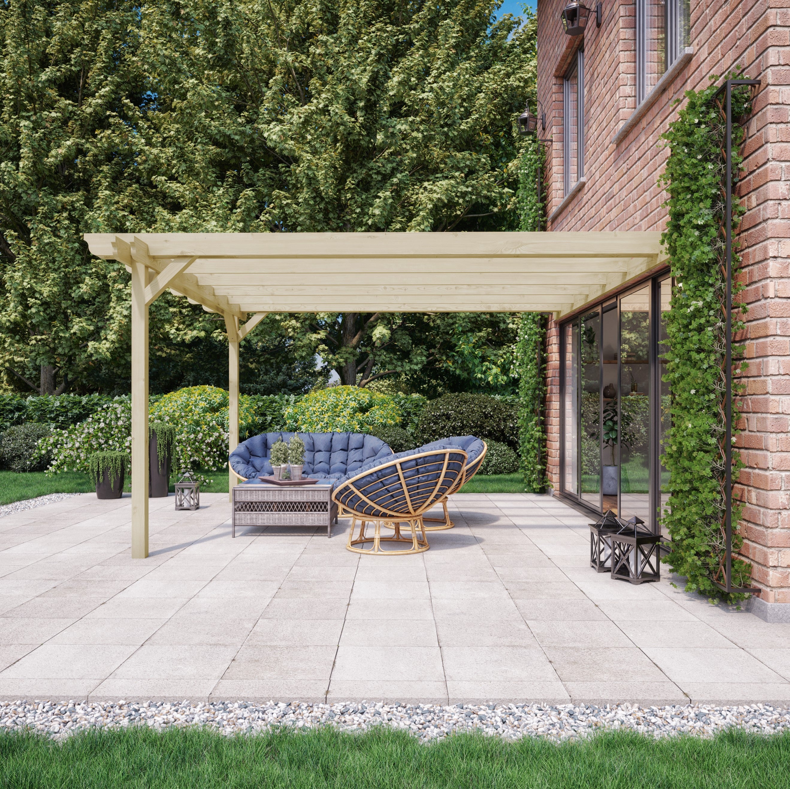 Wall Mounted Double Garden Pergola - Light Green - 4.8m Depth x 6.6m Length