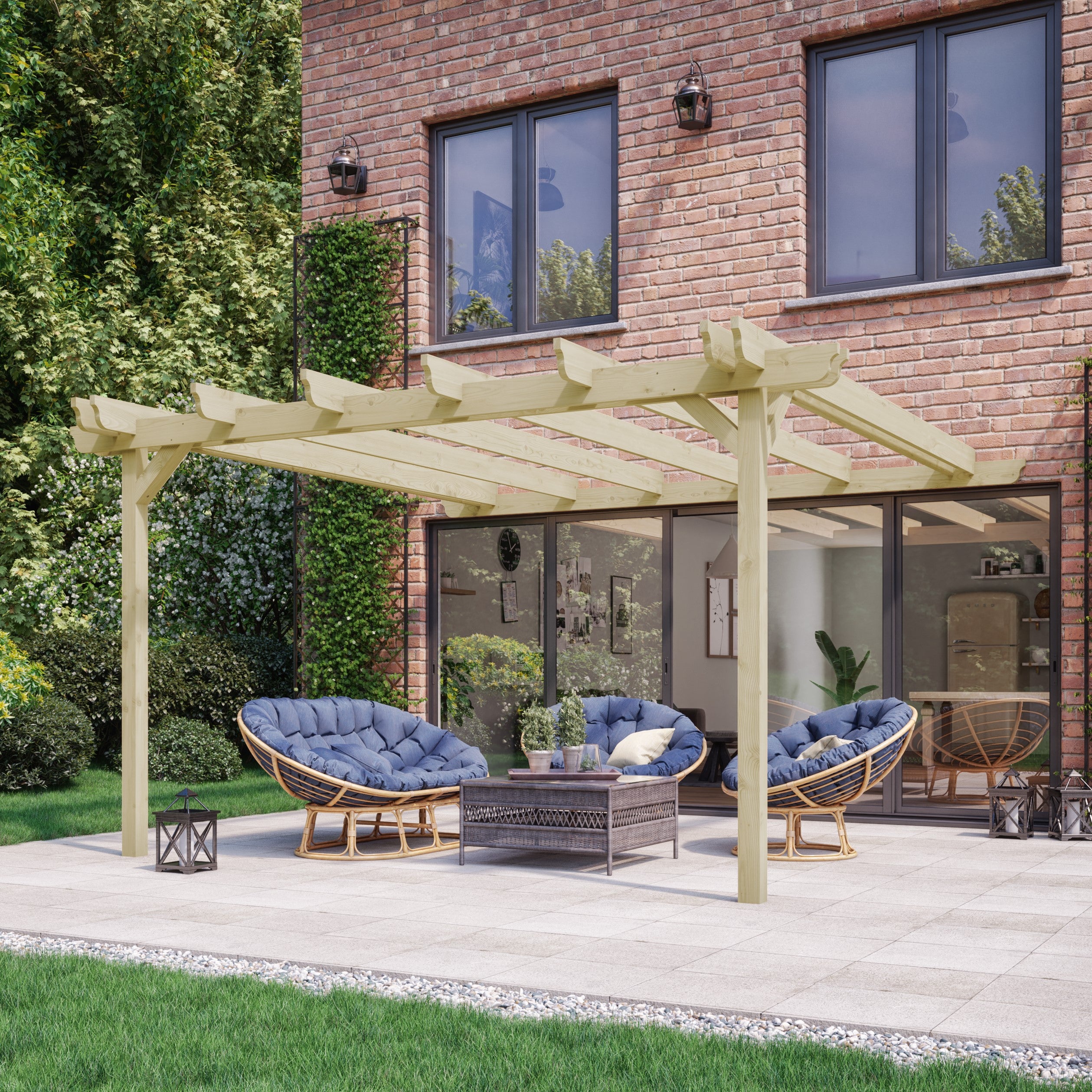 Wall Mounted Double Garden Pergola - Light Green - 4.8m Depth x 6.6m Length