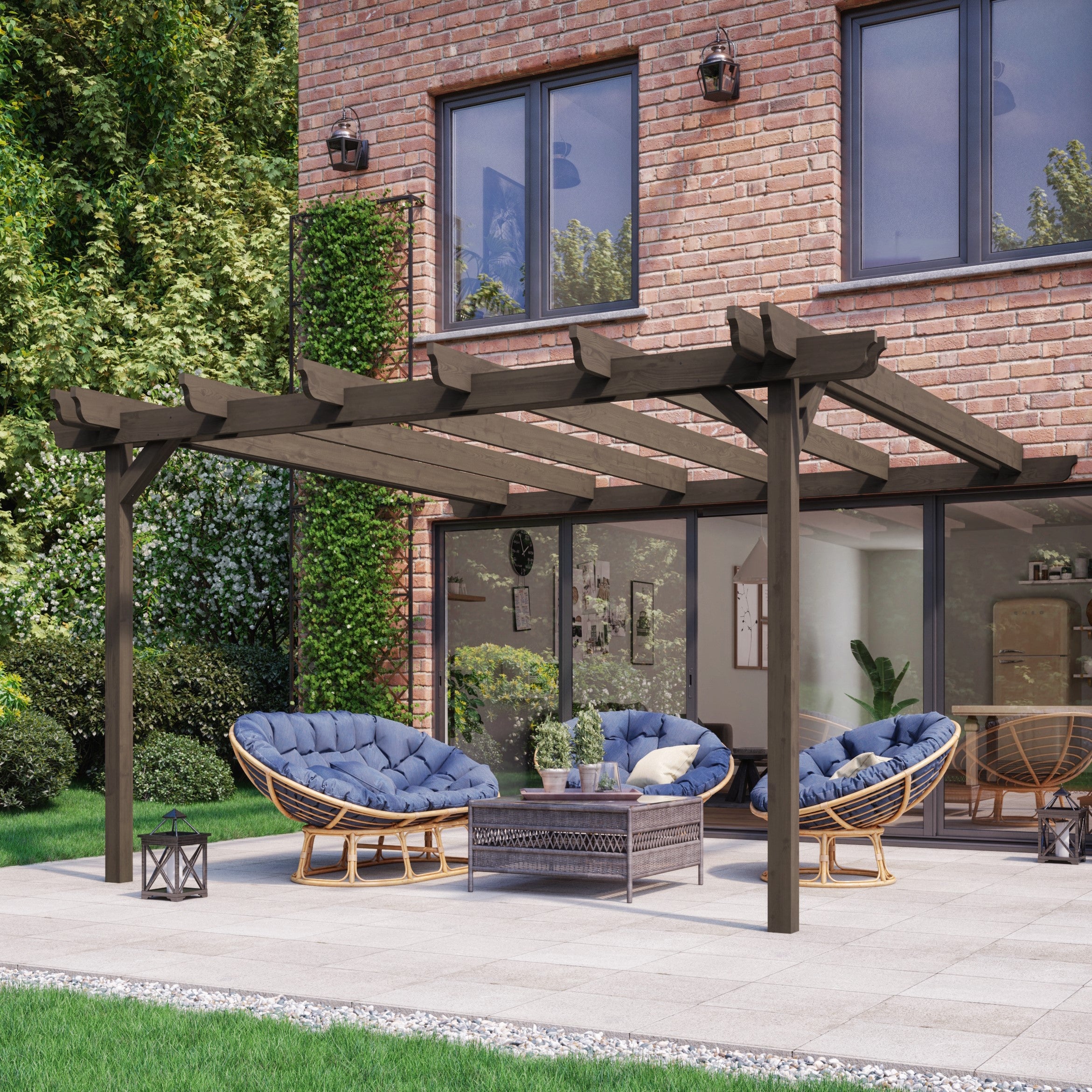 Wall Mounted Double Garden Pergola - Rustic Brown - 3.6m Depth x 6m Length
