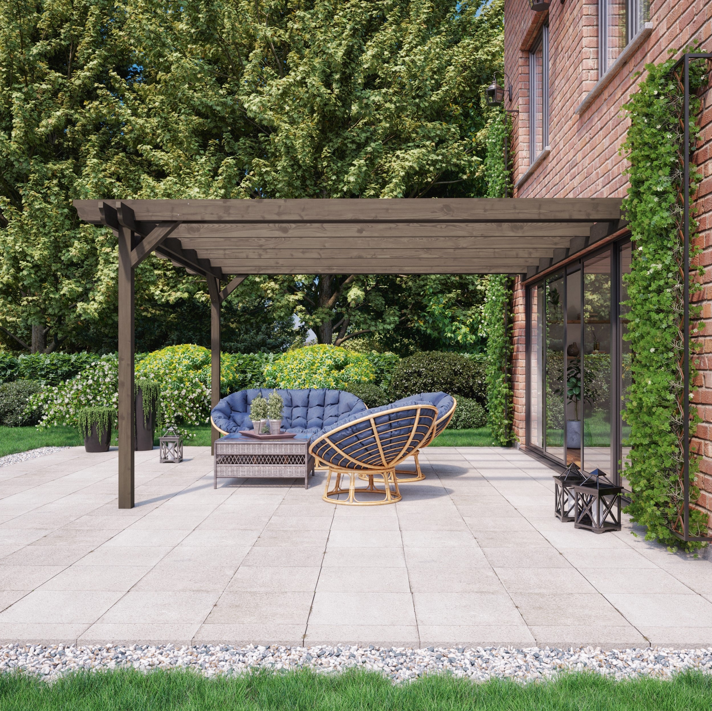 Wall Mounted Double Garden Pergola - Rustic Brown - 3m Depth x 4.2m Length
