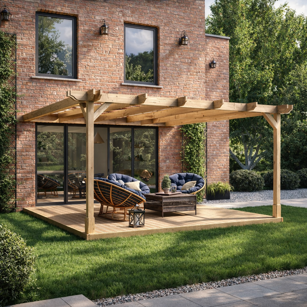 Wall Mounted Double Premium Pergola with Decking - Light Green - 2.4m Depth x 2.4m Length