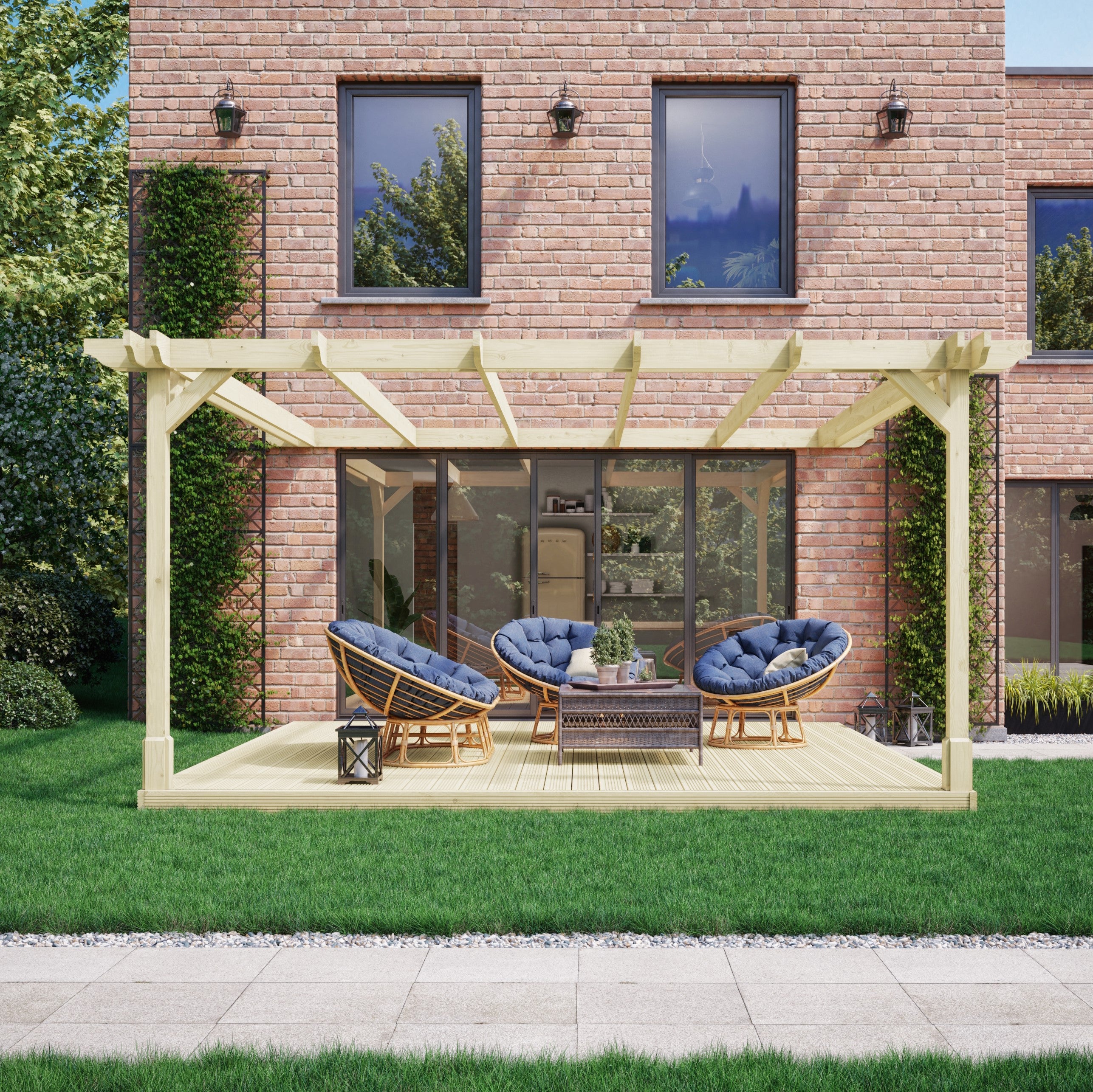 Wall Mounted Double Premium Pergola with Decking - Light Green - 2.4m Depth x 2.4m Length