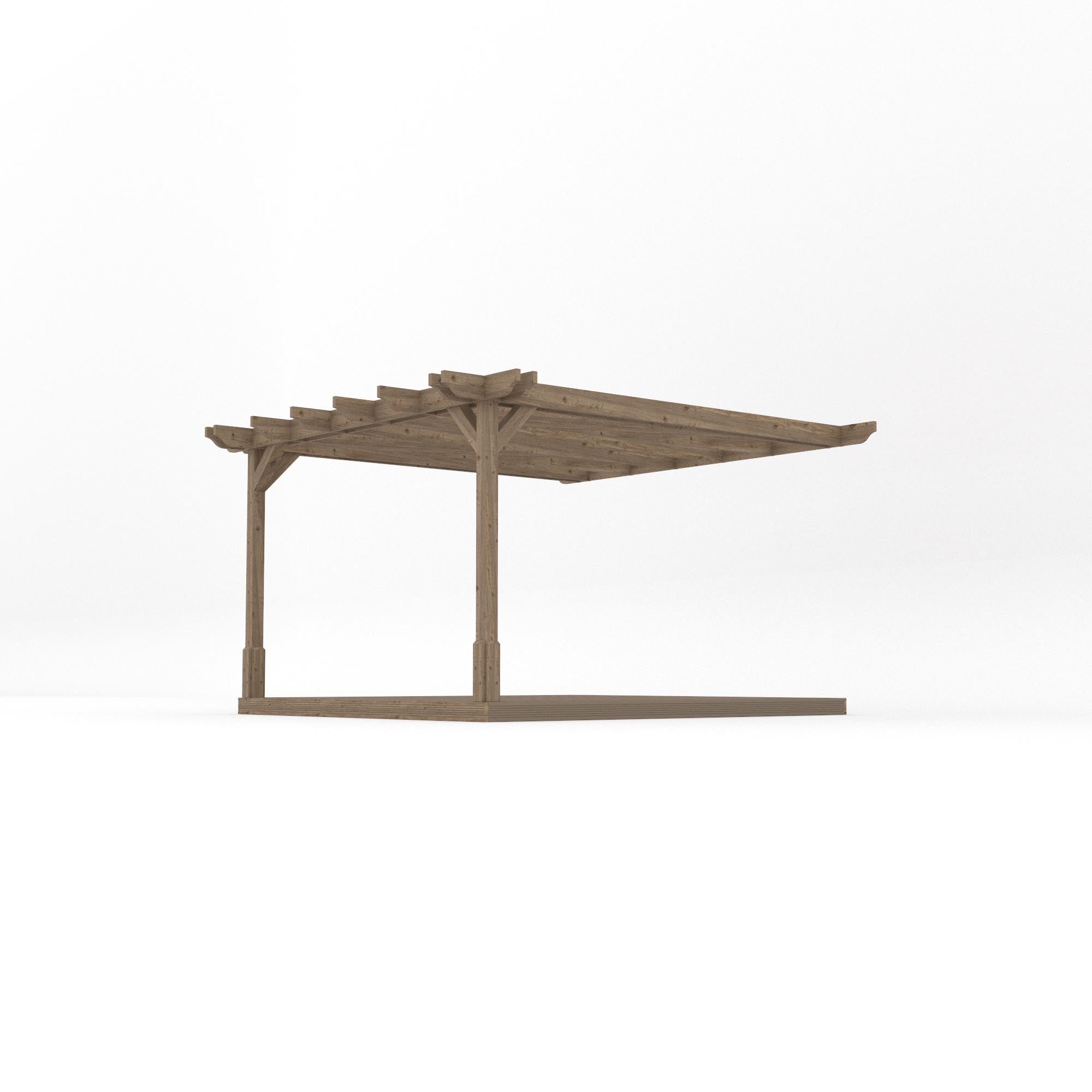 Wall Mounted Double Premium Pergola with Decking - Rustic Brown - 3.6m Depth x 3.6m Length