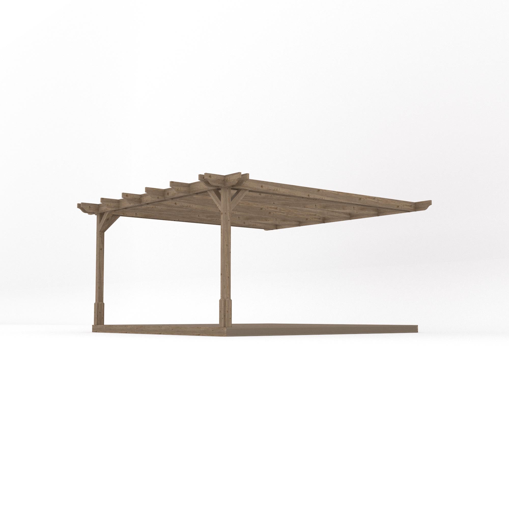 Wall Mounted Double Premium Pergola with Decking - Rustic Brown - 4.2m Depth x 4.2m Length