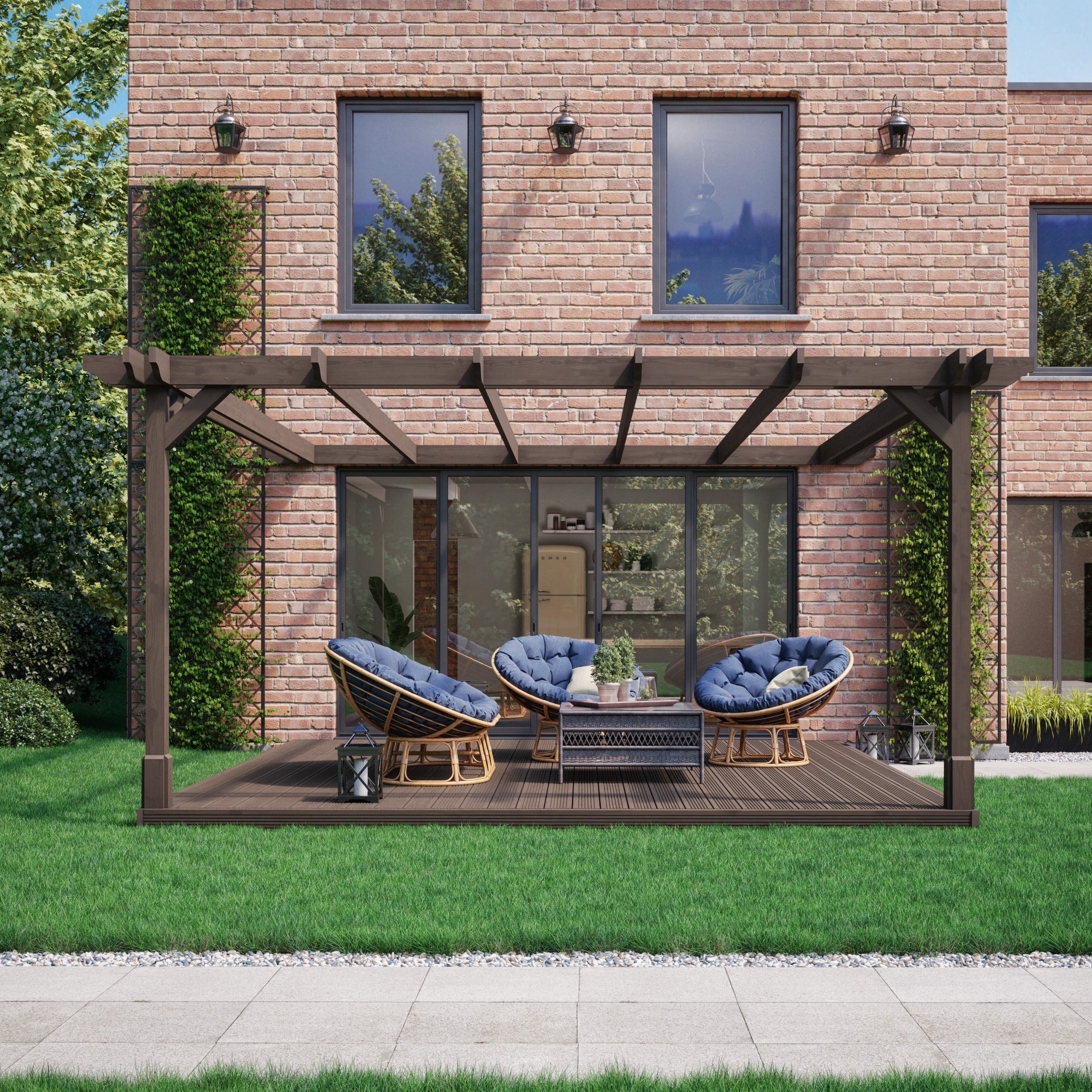 Wall Mounted Double Premium Pergola with Decking - Rustic Brown - 2.4m Depth x 2.4m Length
