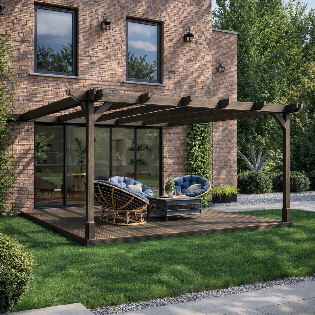 Wall Mounted Double Premium Pergola with Decking - Rustic Brown - 3m Depth x 3m Length