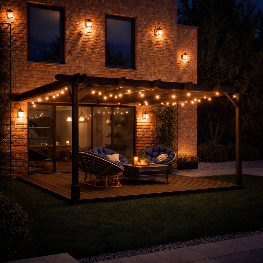 Wall Mounted Double Premium Pergola with Decking - Rustic Brown - 3.6m Depth x 3.6m Length
