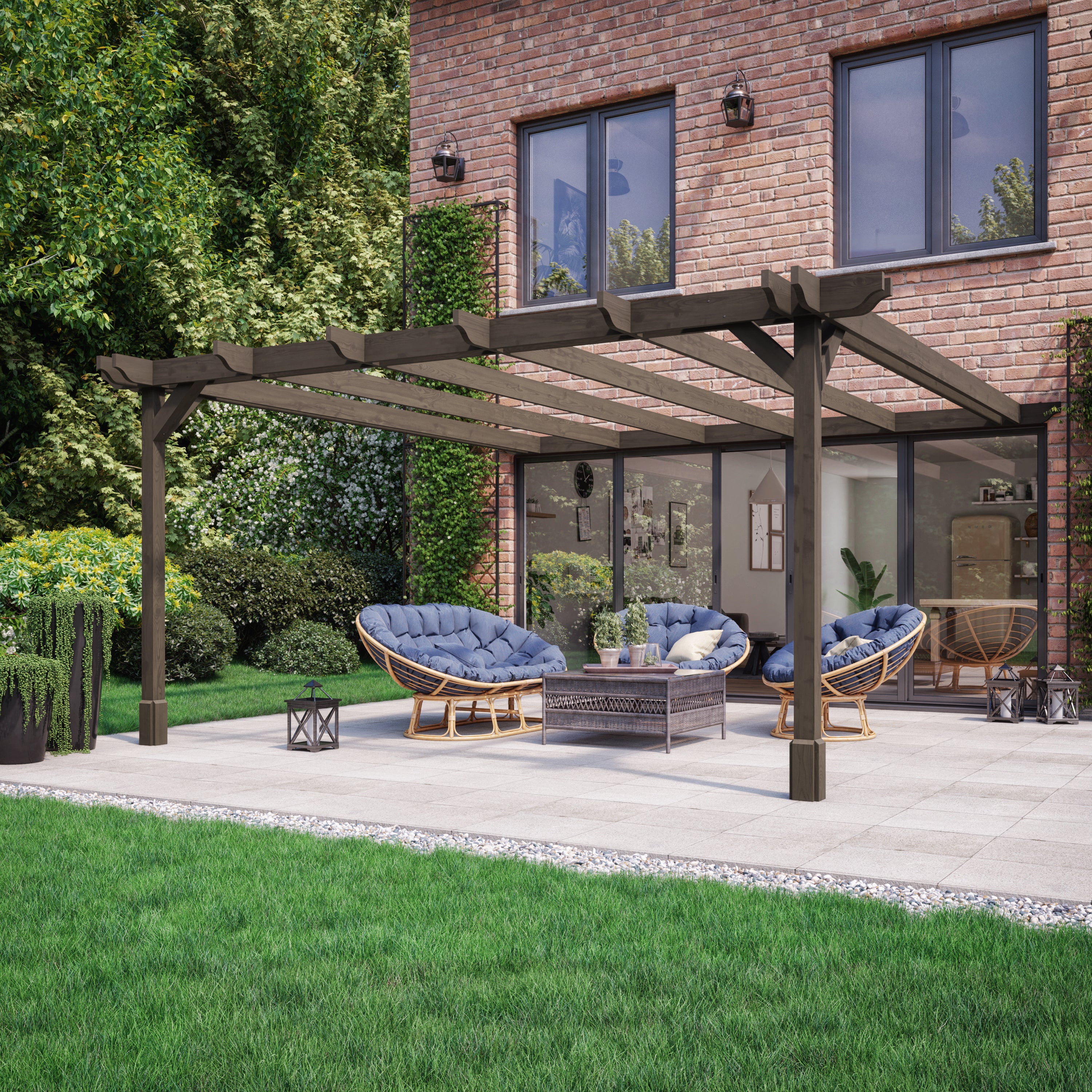 Wall Mounted Double Premium Pergola - Rustic Brown - 3m Depth x 6m Length