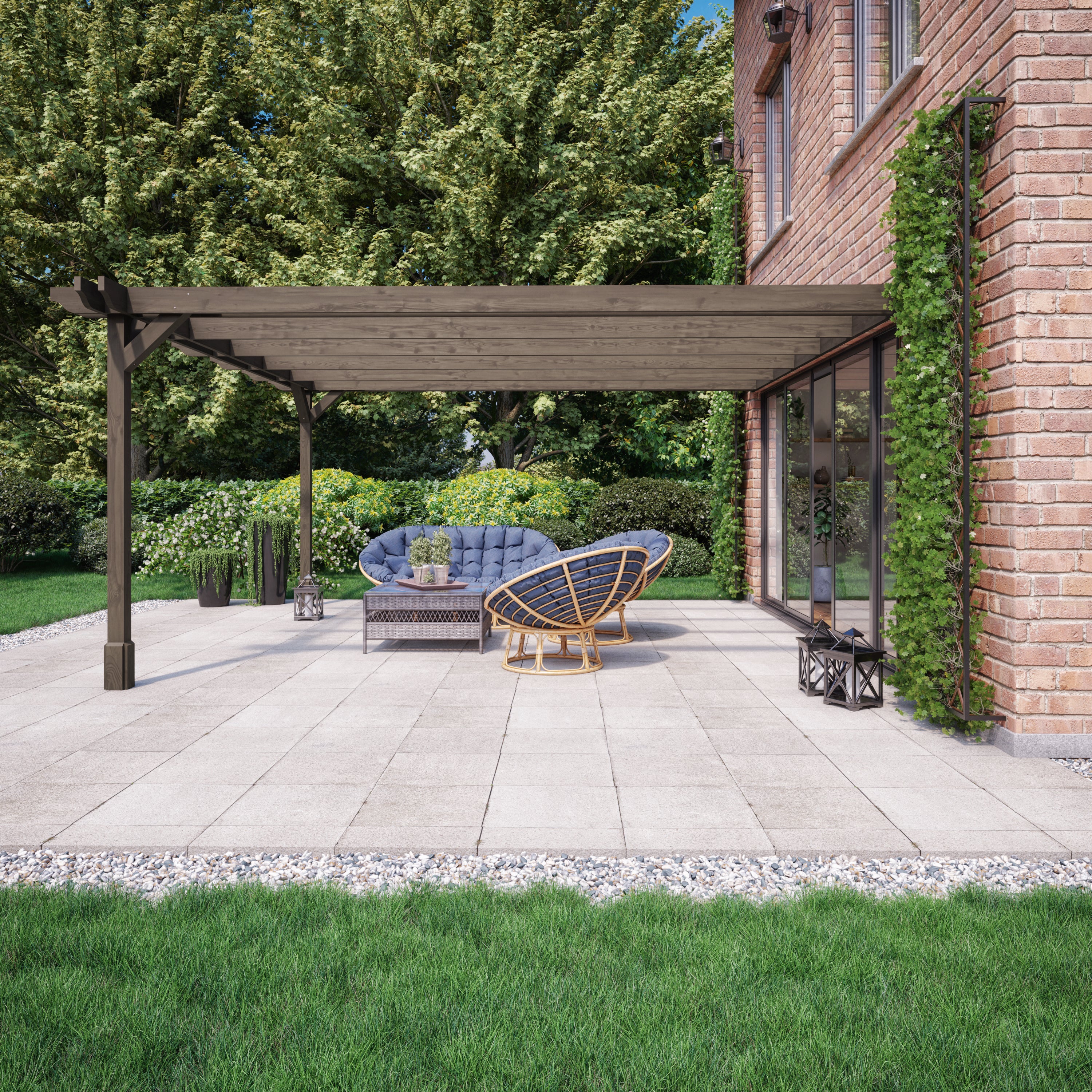 Wall Mounted Double Premium Pergola - Rustic Brown - 2.4m Depth x 6m Length