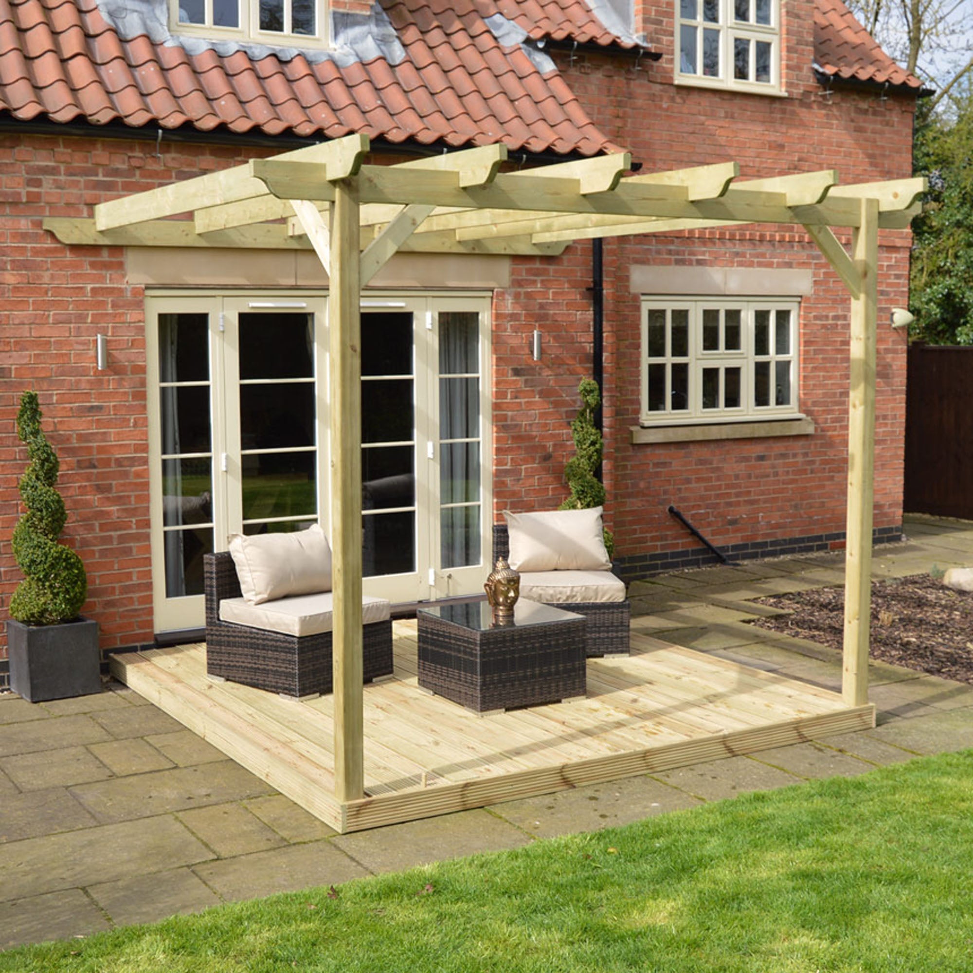 Wall Mounted Garden Pergola with Decking - Light Green - 3.6m Depth x 3.6m Length