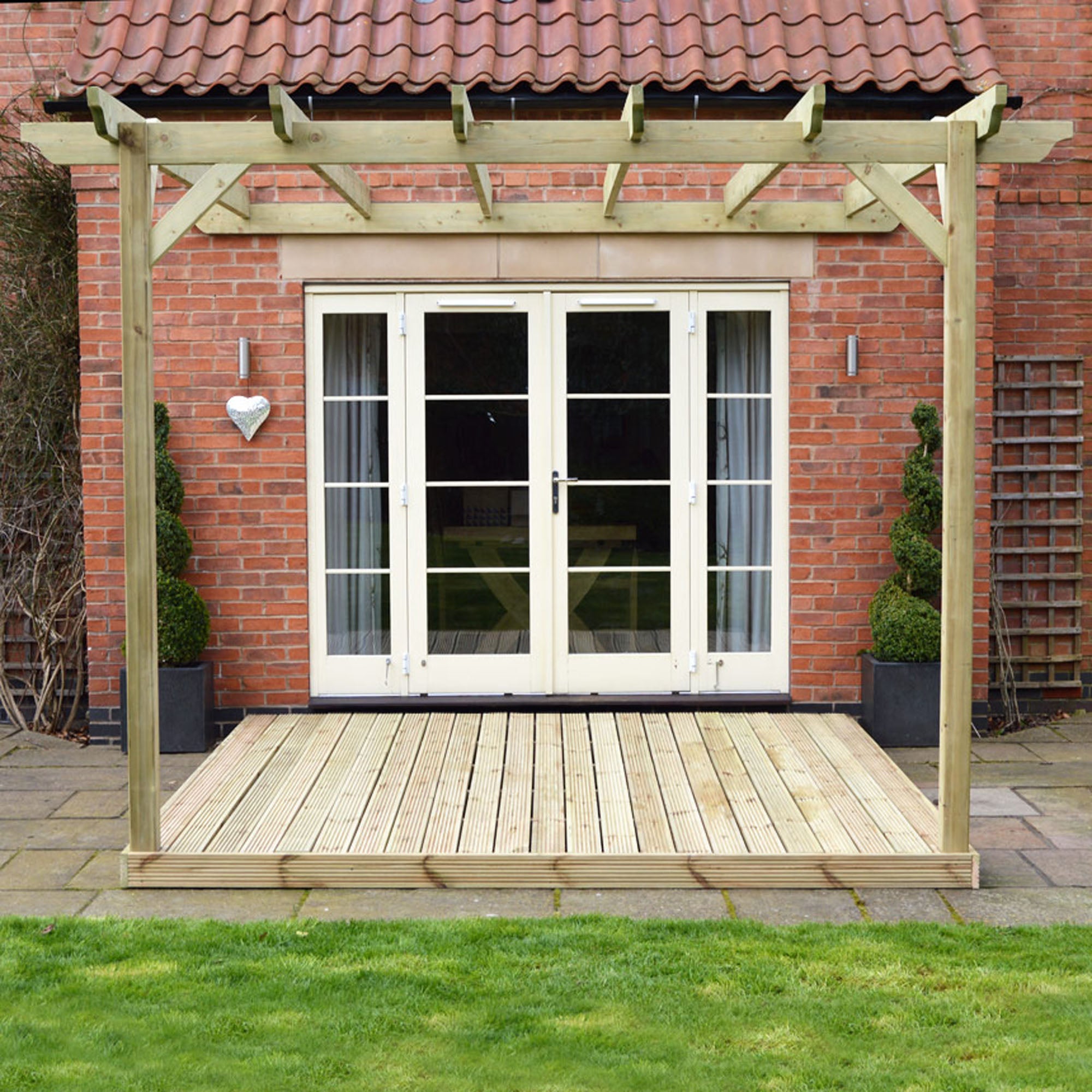 Wall Mounted Garden Pergola with Decking - Light Green - 3m Depth x 3m Length