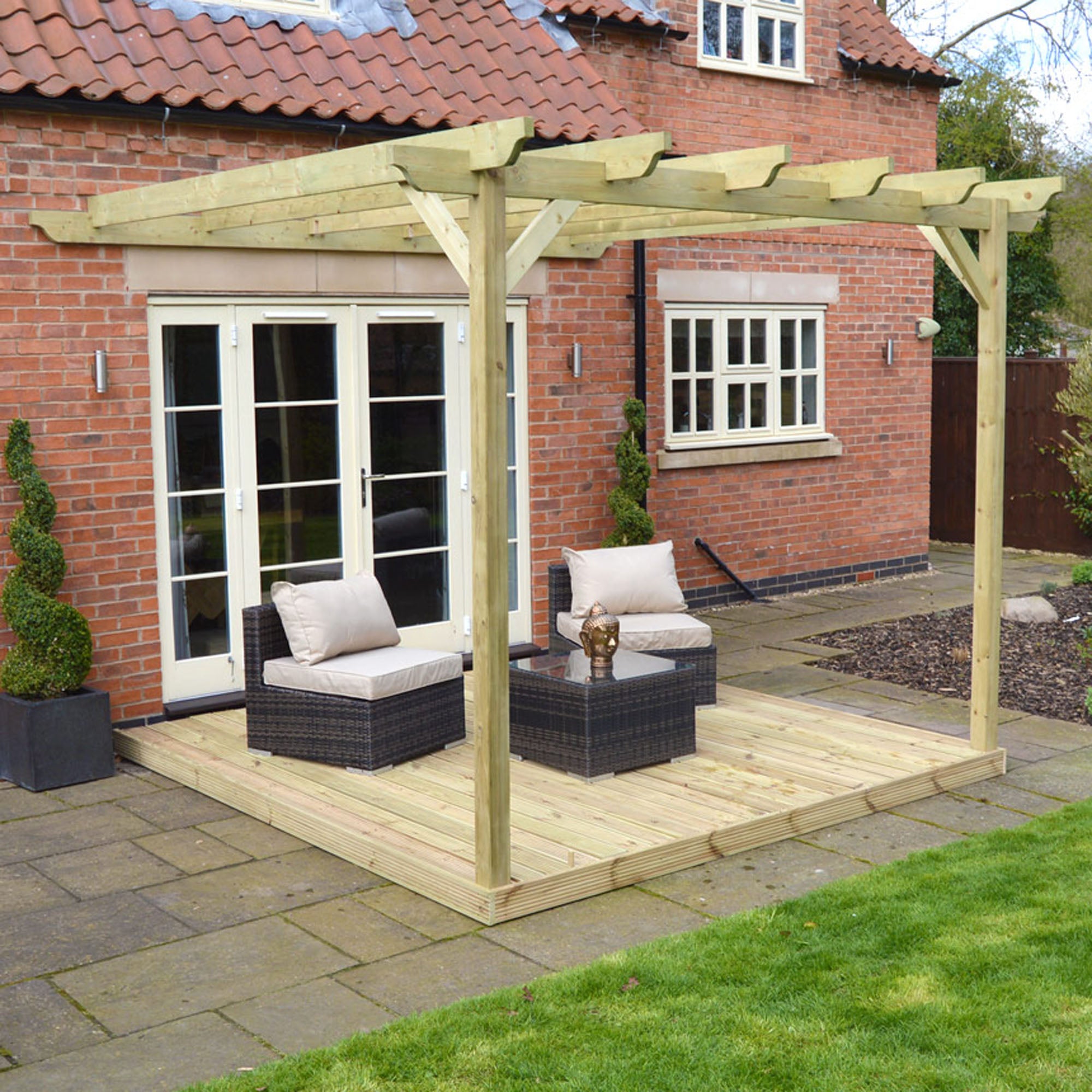 Wall Mounted Garden Pergola with Decking - Light Green - 3m Depth x 3m Length