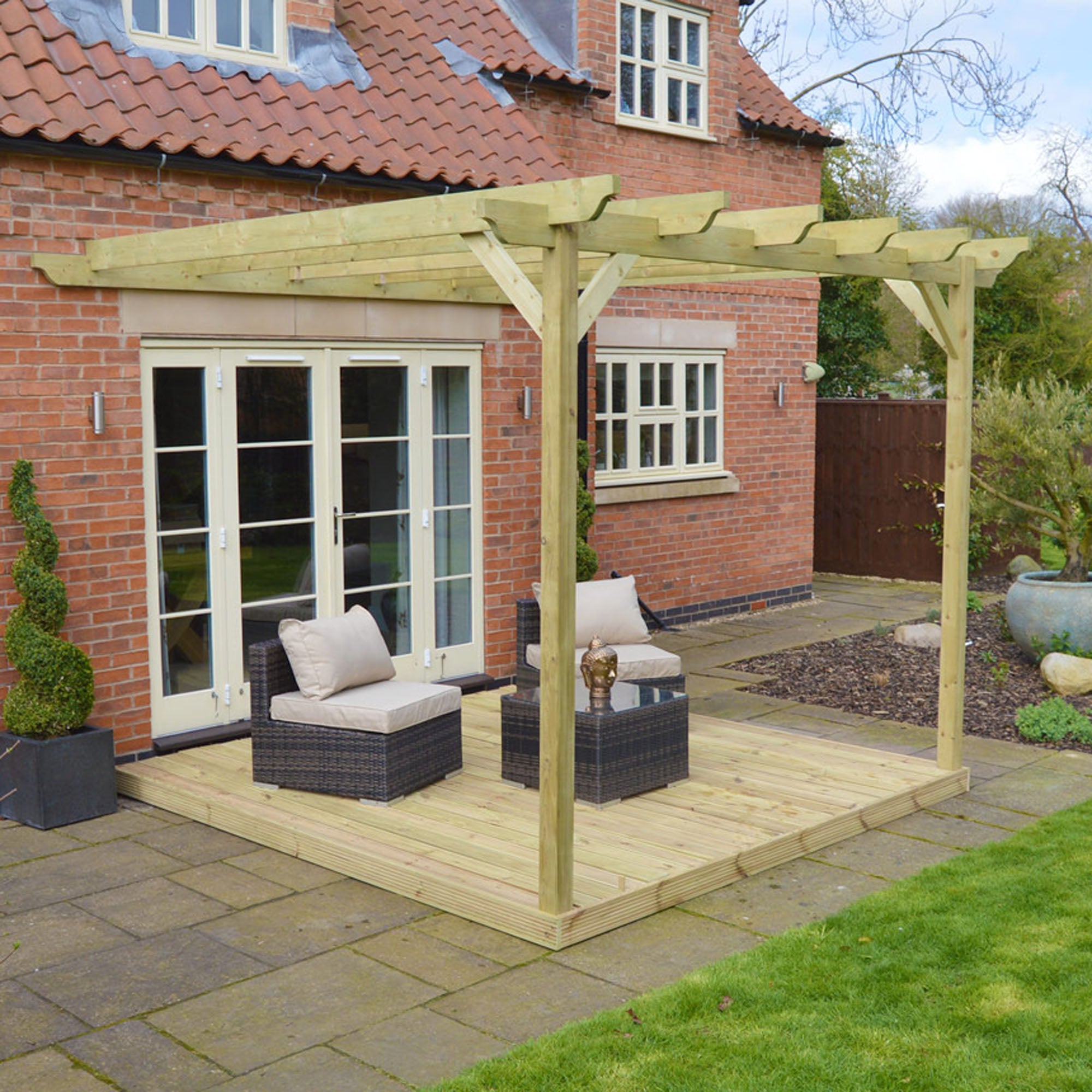 Wall Mounted Garden Pergola with Decking - Light Green - 3m Depth x 3m Length