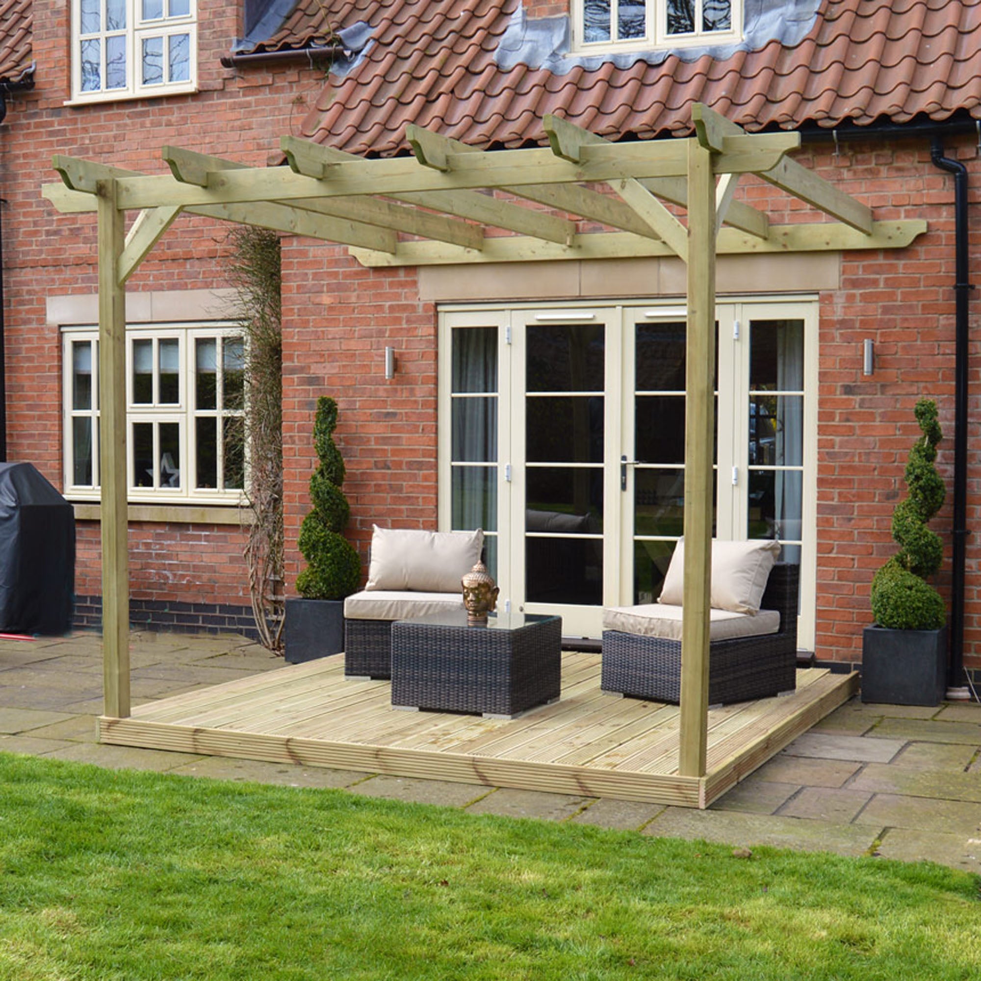 Wall Mounted Garden Pergola with Decking - Light Green - 4.2m Depth x 4.2m Length