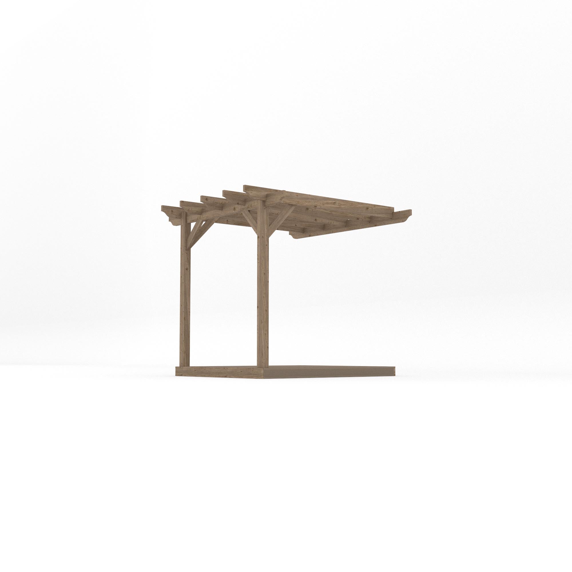 Wall Mounted Garden Pergola with Decking - Rustic Brown - 2.4m Depth x 2.4m Length