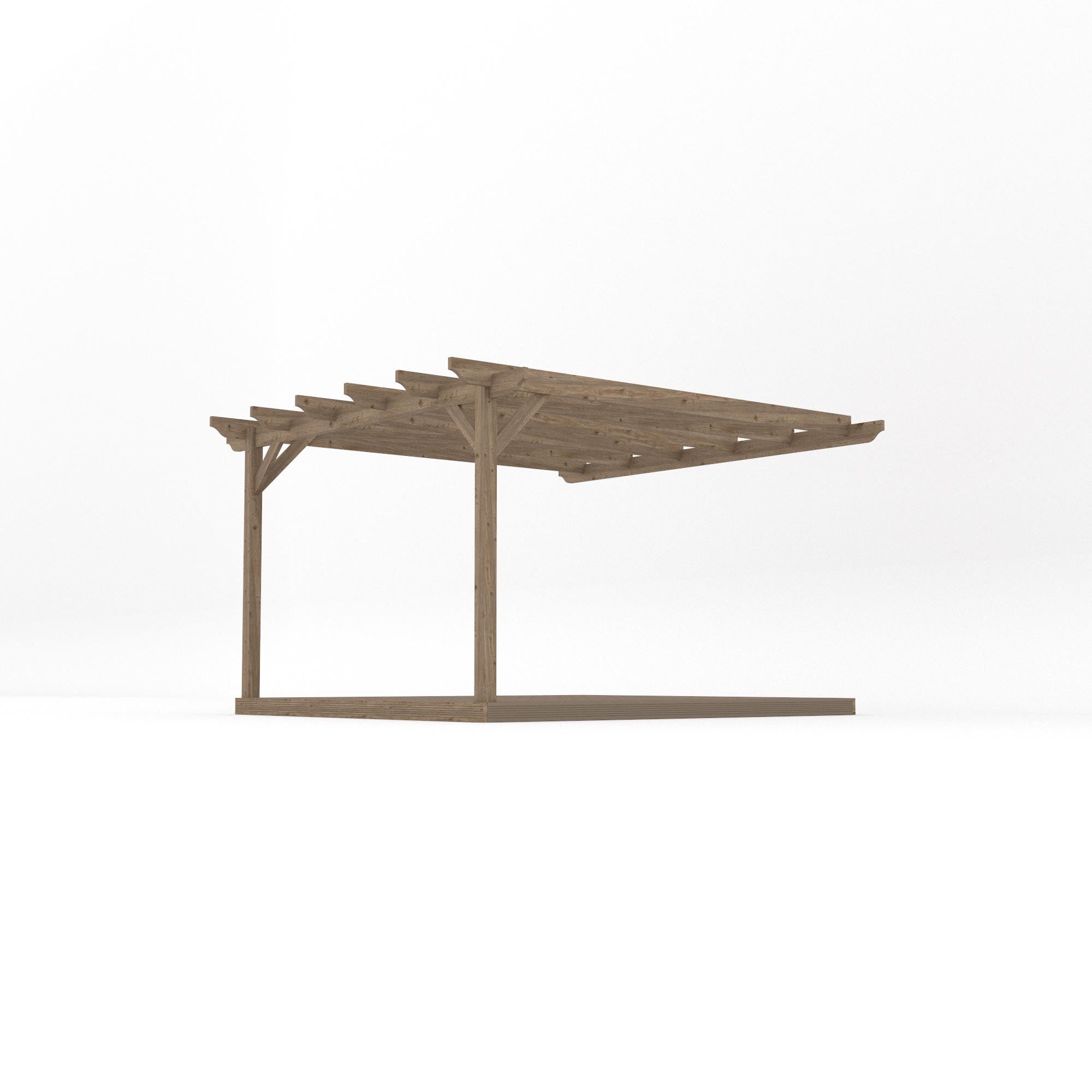 Wall Mounted Garden Pergola with Decking - Rustic Brown - 3.6m Depth x 3.6m Length