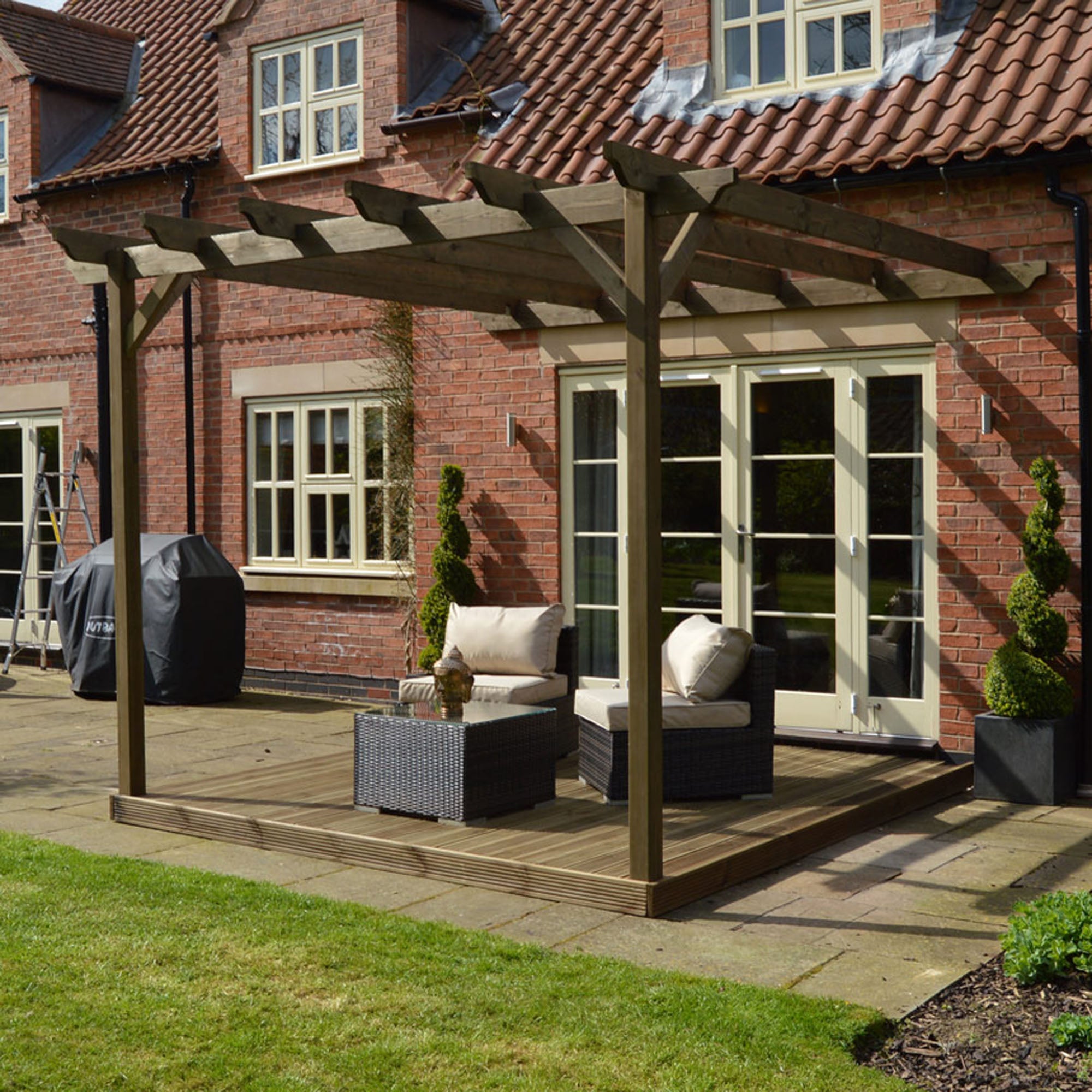 Wall Mounted Garden Pergola with Decking - Rustic Brown - 4.2m Depth x 4.2m Length - Clearance Grade