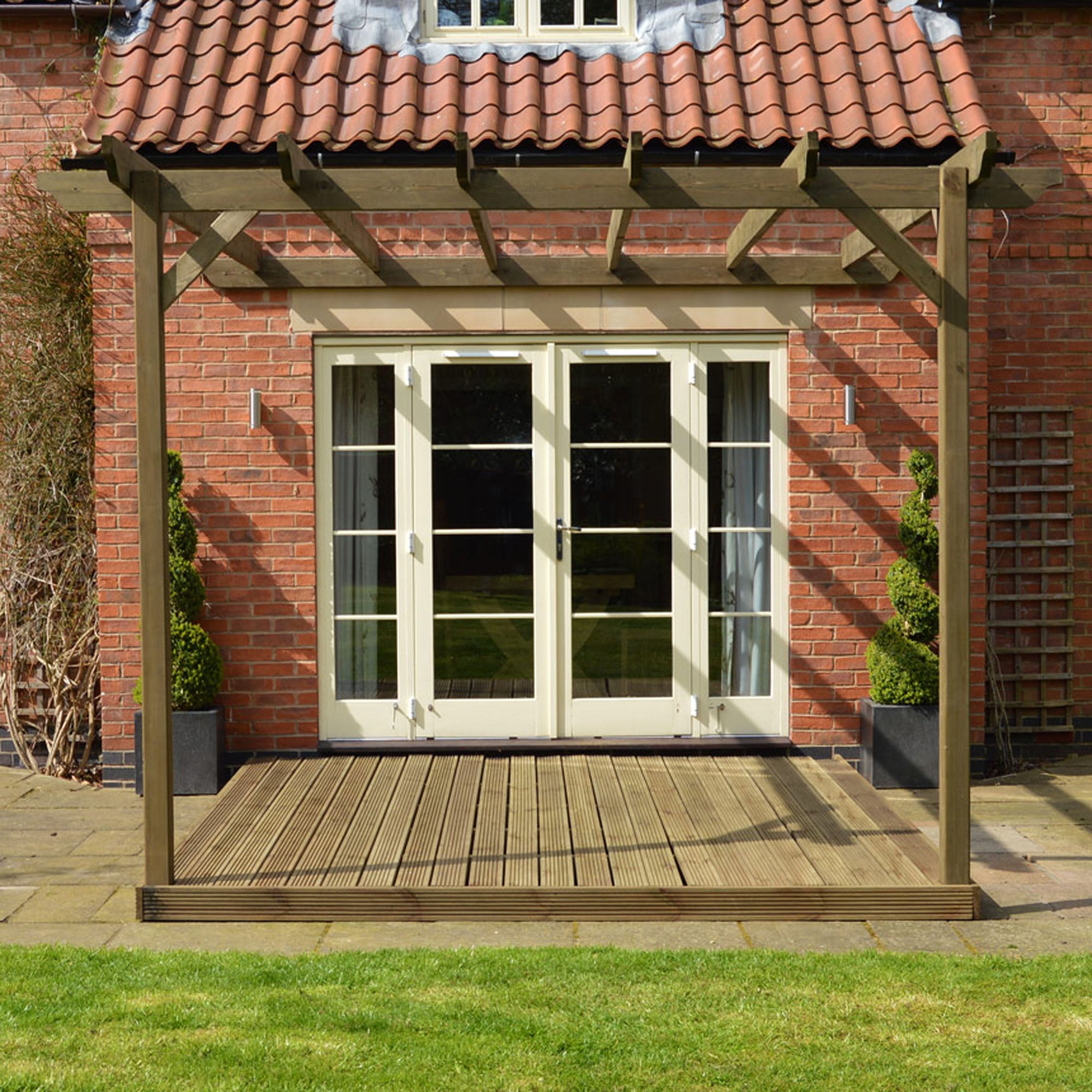 Wall Mounted Garden Pergola with Decking - Rustic Brown - 3m Depth x 3m Length - Clearance Grade