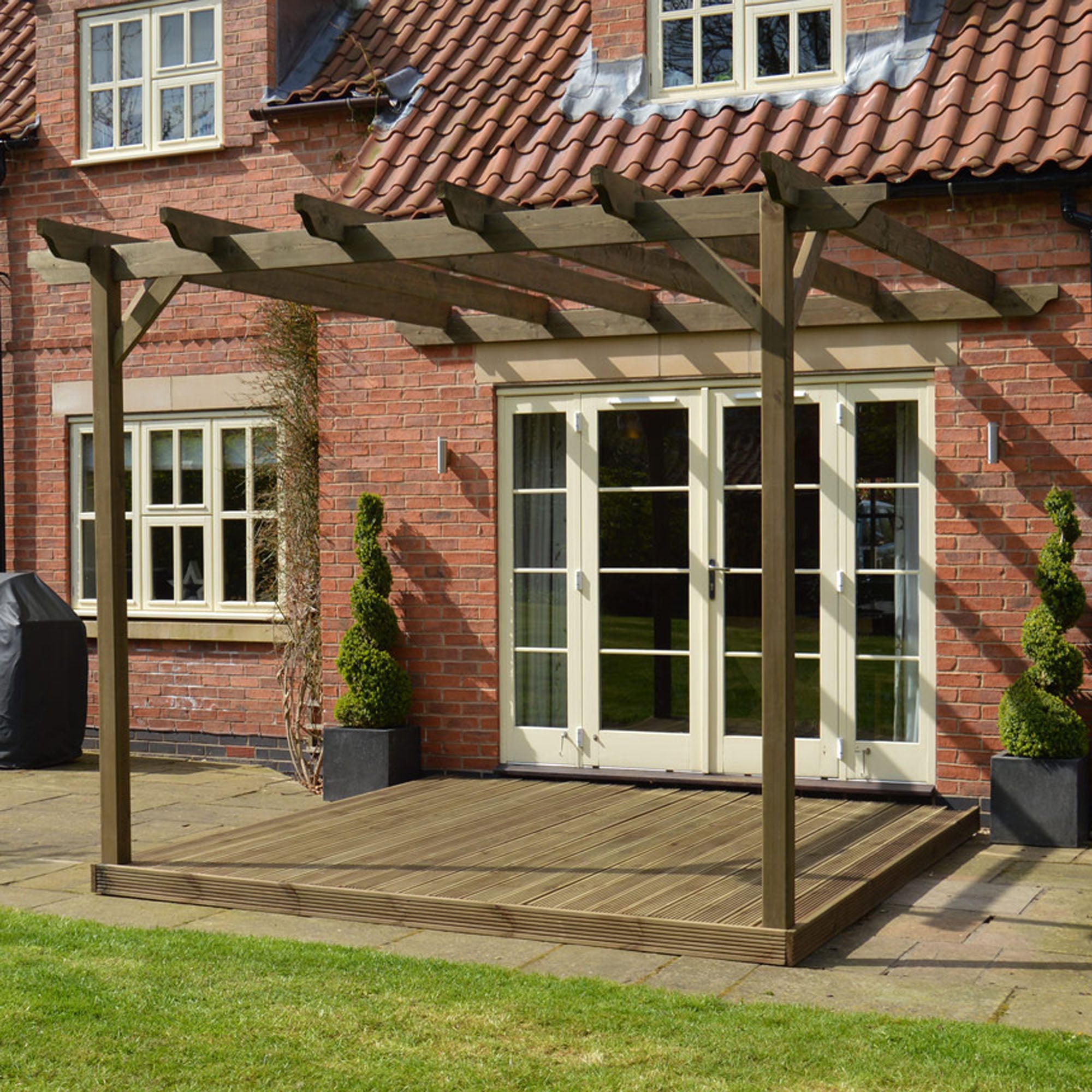 Wall Mounted Garden Pergola with Decking - Rustic Brown - 3.6m Depth x 3.6m Length - Clearance Grade