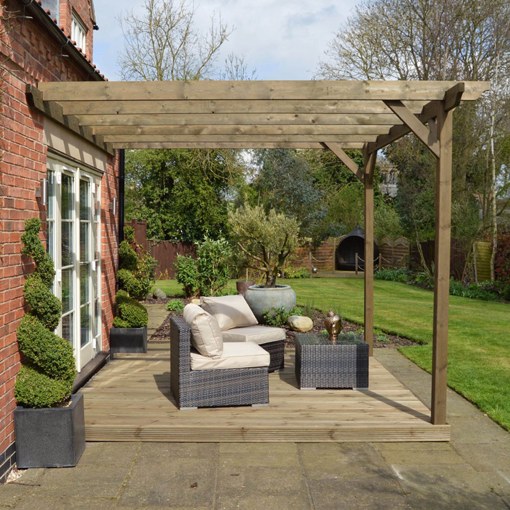 Wall Mounted Garden Pergola with Decking - Rustic Brown - 3m Depth x 3m Length - Clearance Grade