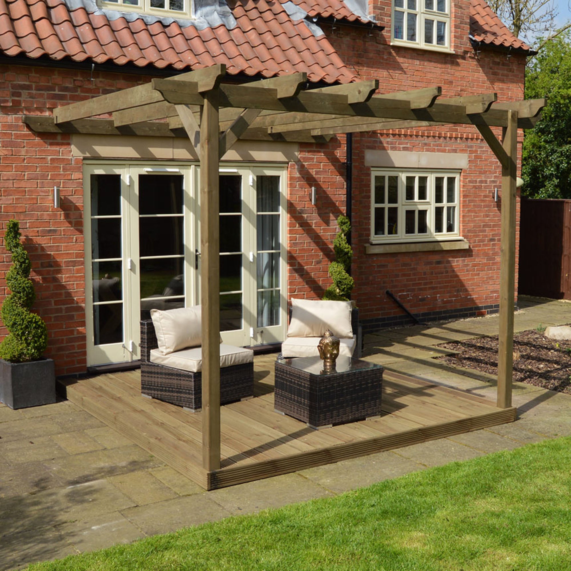 Wall Mounted Garden Pergola with Decking - Rustic Brown - 4.8m Depth x 4.8m Length - Clearance Grade