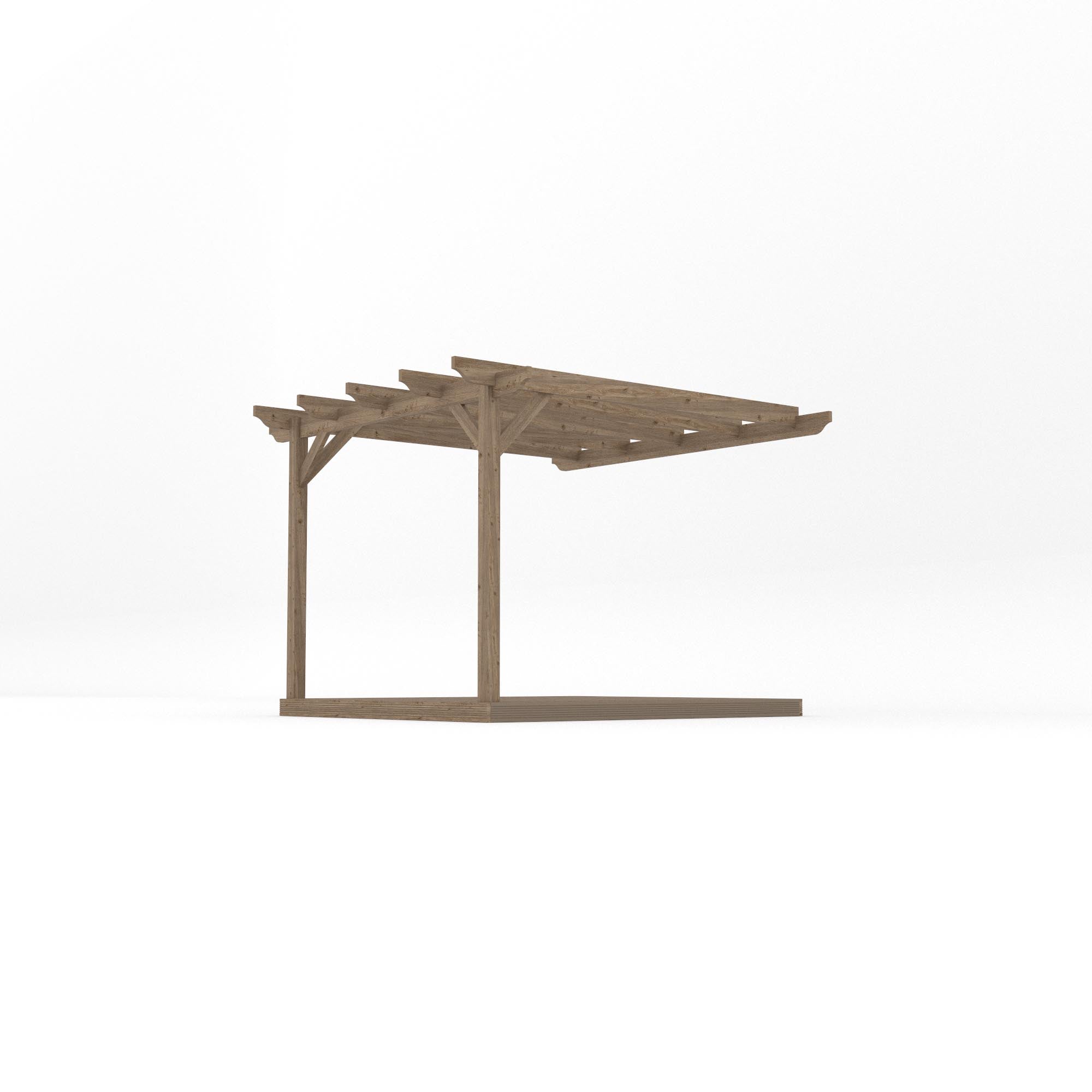 Wall Mounted Garden Pergola with Decking - Rustic Brown - 3m Depth x 3m Length