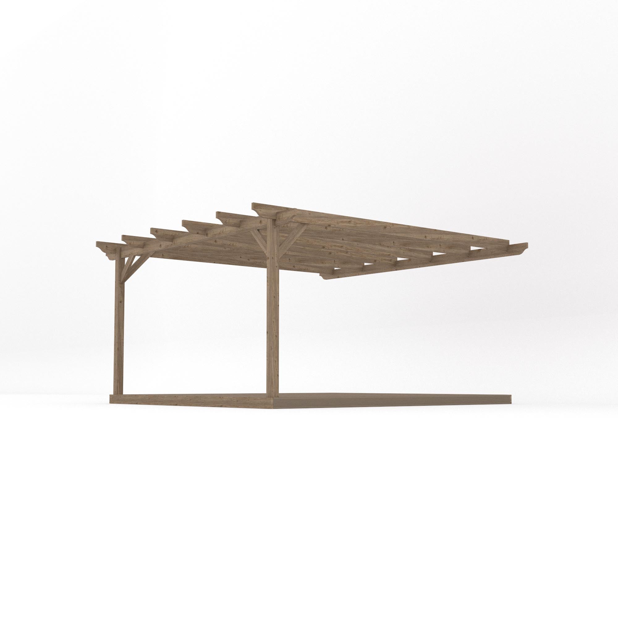 Wall Mounted Garden Pergola with Decking - Rustic Brown - 4.2m Depth x 4.2m Length