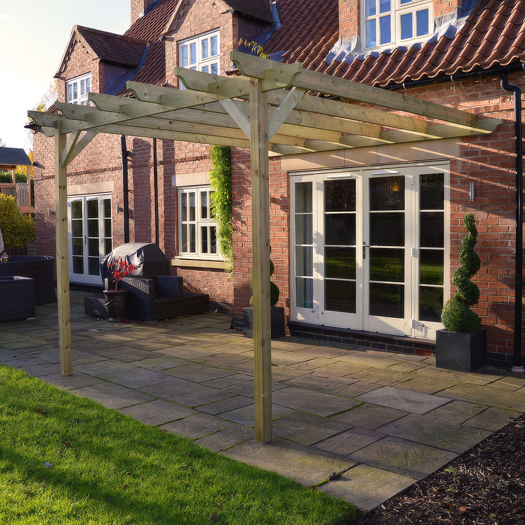 Wall Mounted Garden Pergola - Light Green - 4.8m Depth x 4.8m Length - Clearance Grade