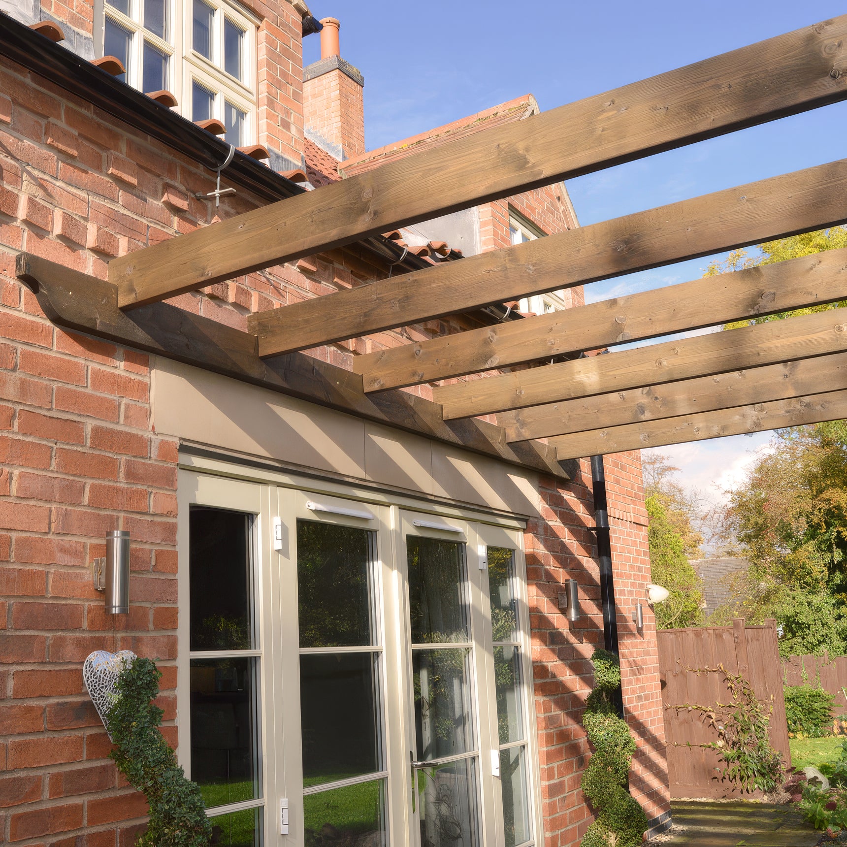 Wall Mounted Garden Pergola - Rustic Brown - 4.8m Depth x 4.8m Length