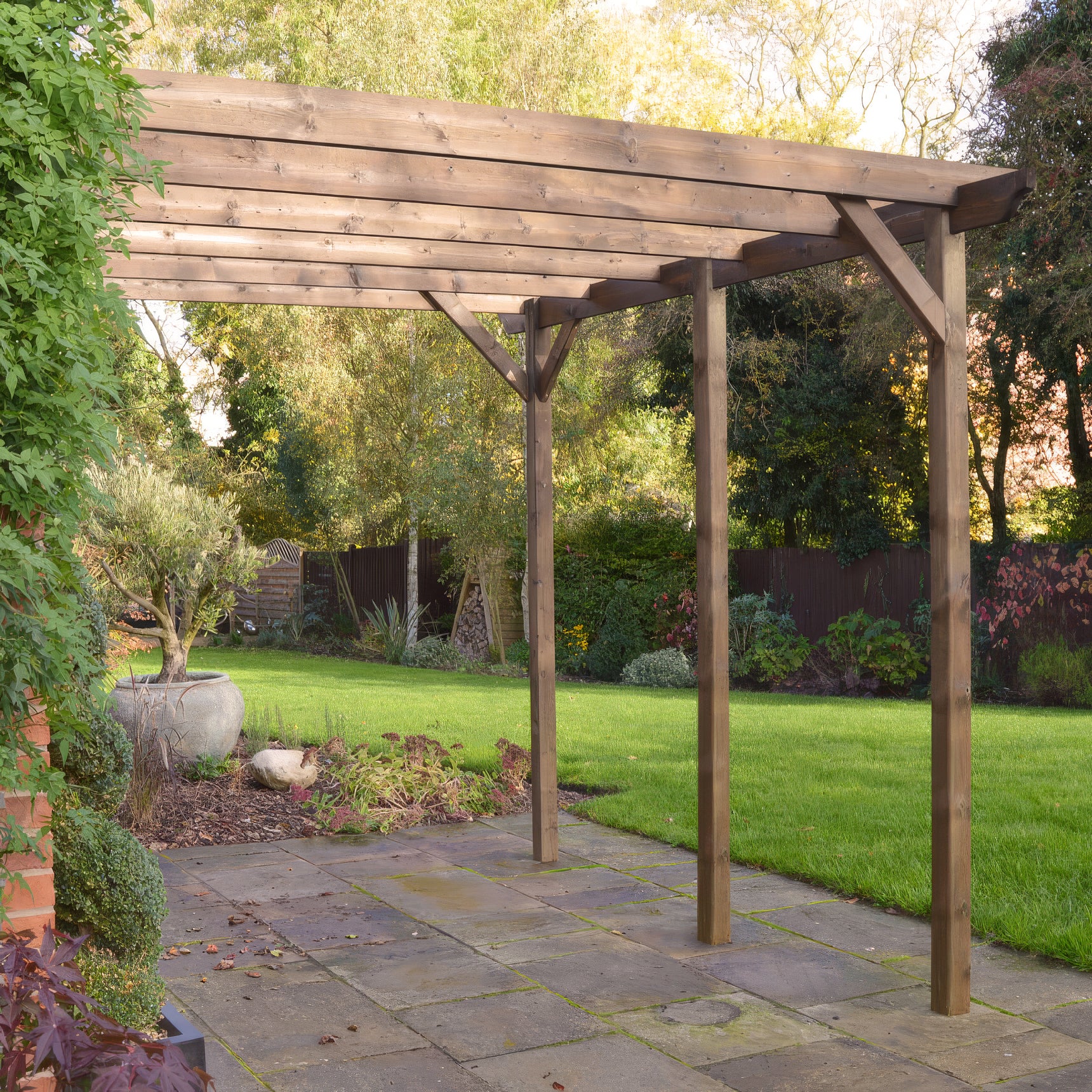 Wall Mounted Garden Pergola - Rustic Brown - 3.6m Depth x 3.6m Length - Clearance Grade