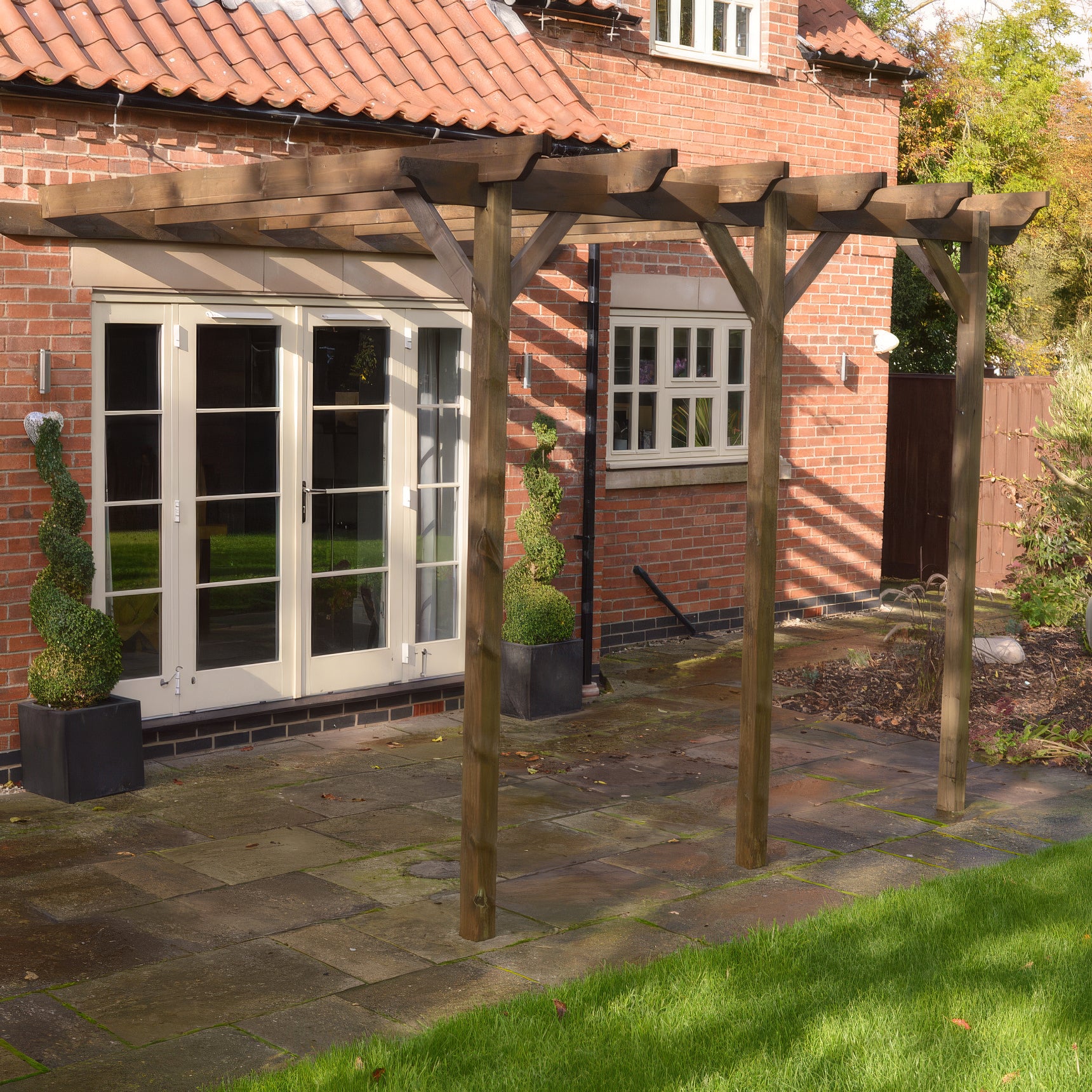 Wall Mounted Garden Pergola - Rustic Brown - 3m Depth x 7.8m Length