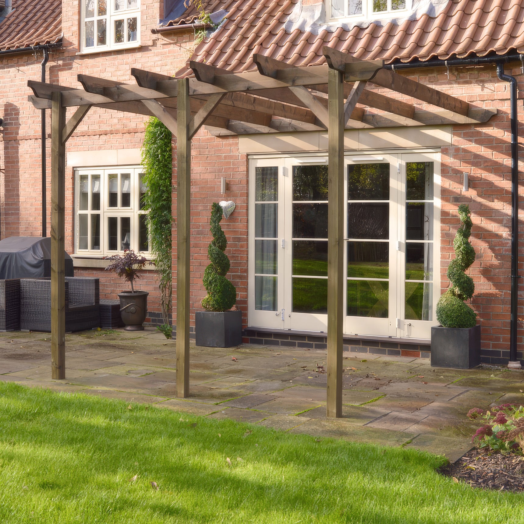 Wall Mounted Garden Pergola - Rustic Brown - 1.8m Depth x 5.4m Length