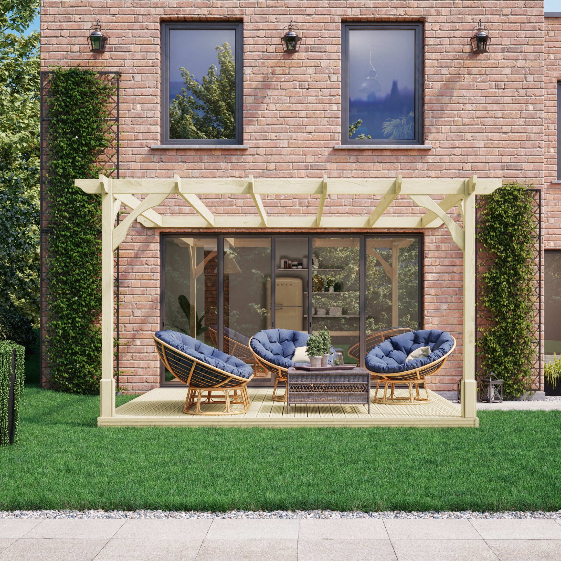 Wall Mounted Premium Pergola with Decking - Light Green - 3m Depth x 3m Length
