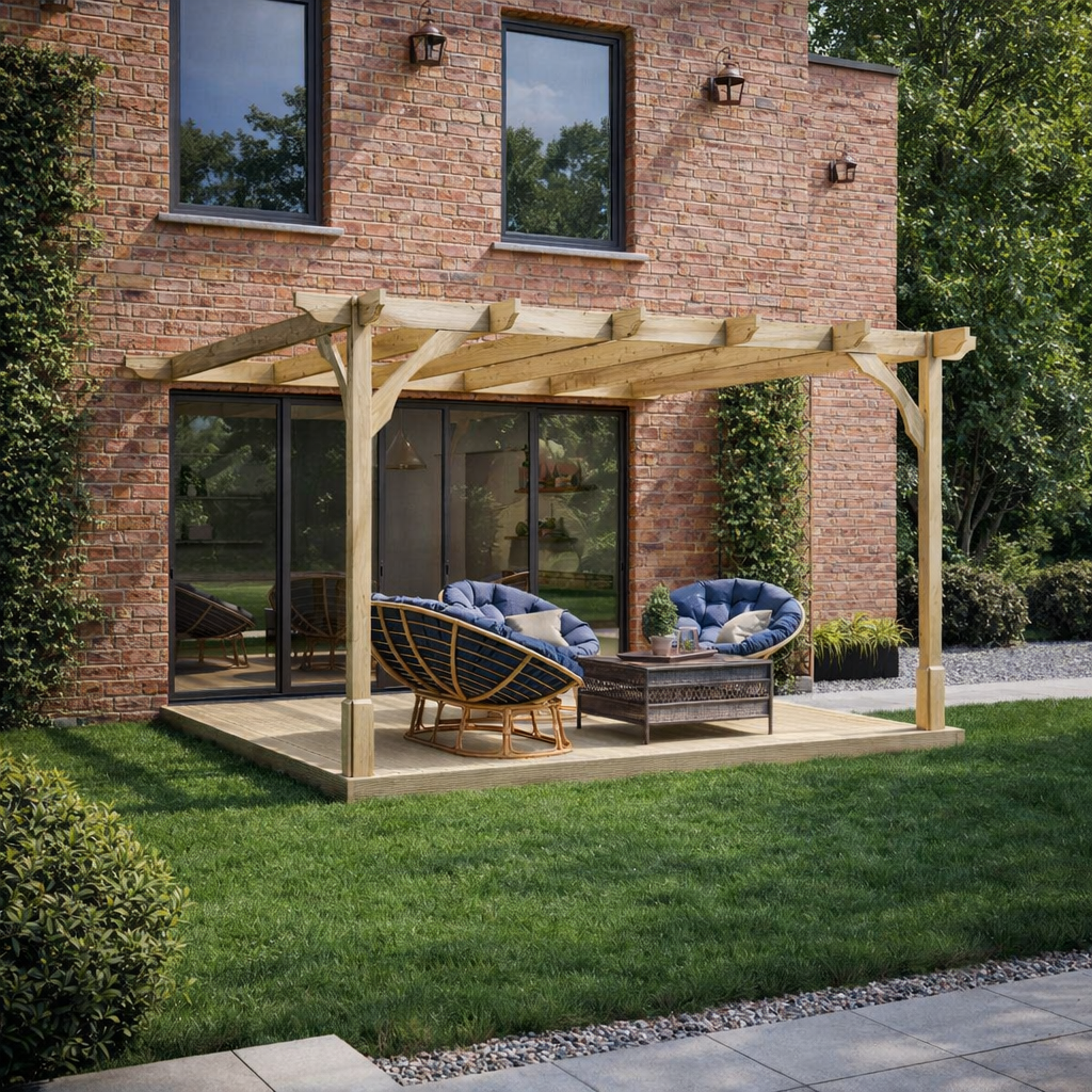 Wall Mounted Premium Pergola with Decking - Light Green - 2.4m Depth x 2.4m Length
