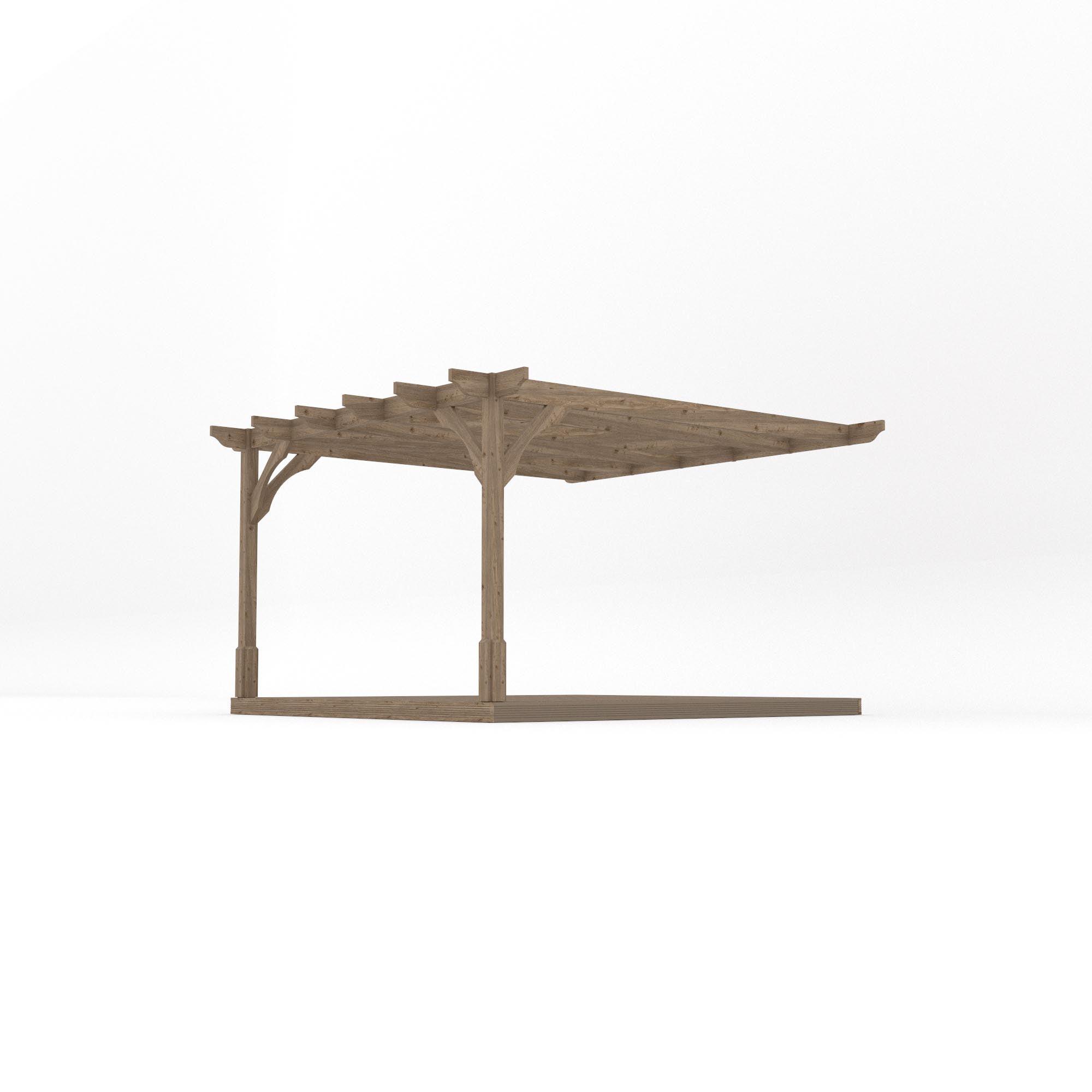 Wall Mounted Premium Pergola with Decking - Rustic Brown - 3.6m Depth x 3.6m Length