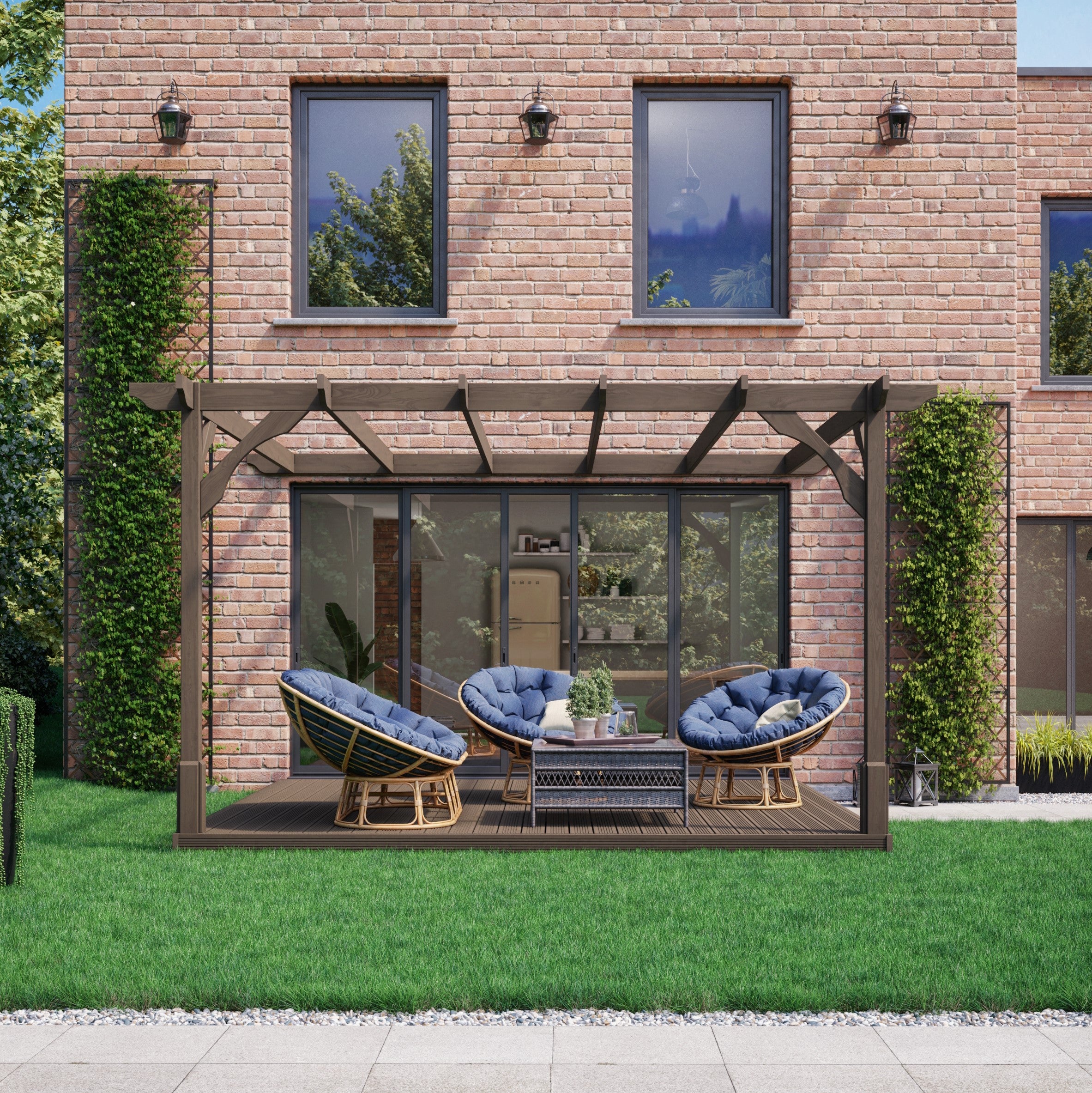 Wall Mounted Premium Pergola with Decking - Rustic Brown - 3m Depth x 3m Length