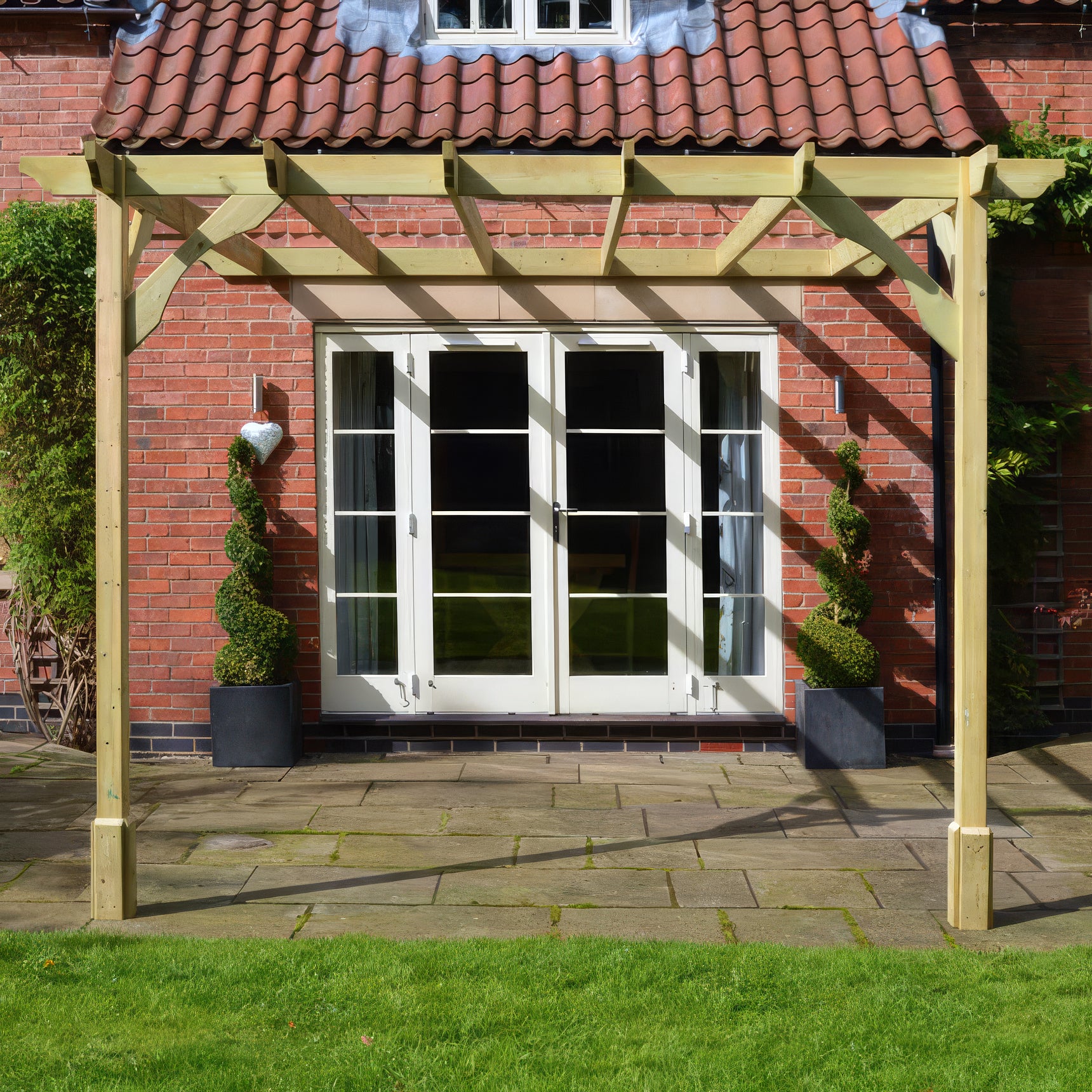 Wall Mounted Premium Pergola - Light Green - 4.8m Depth x 4.8m Length - Clearance Grade