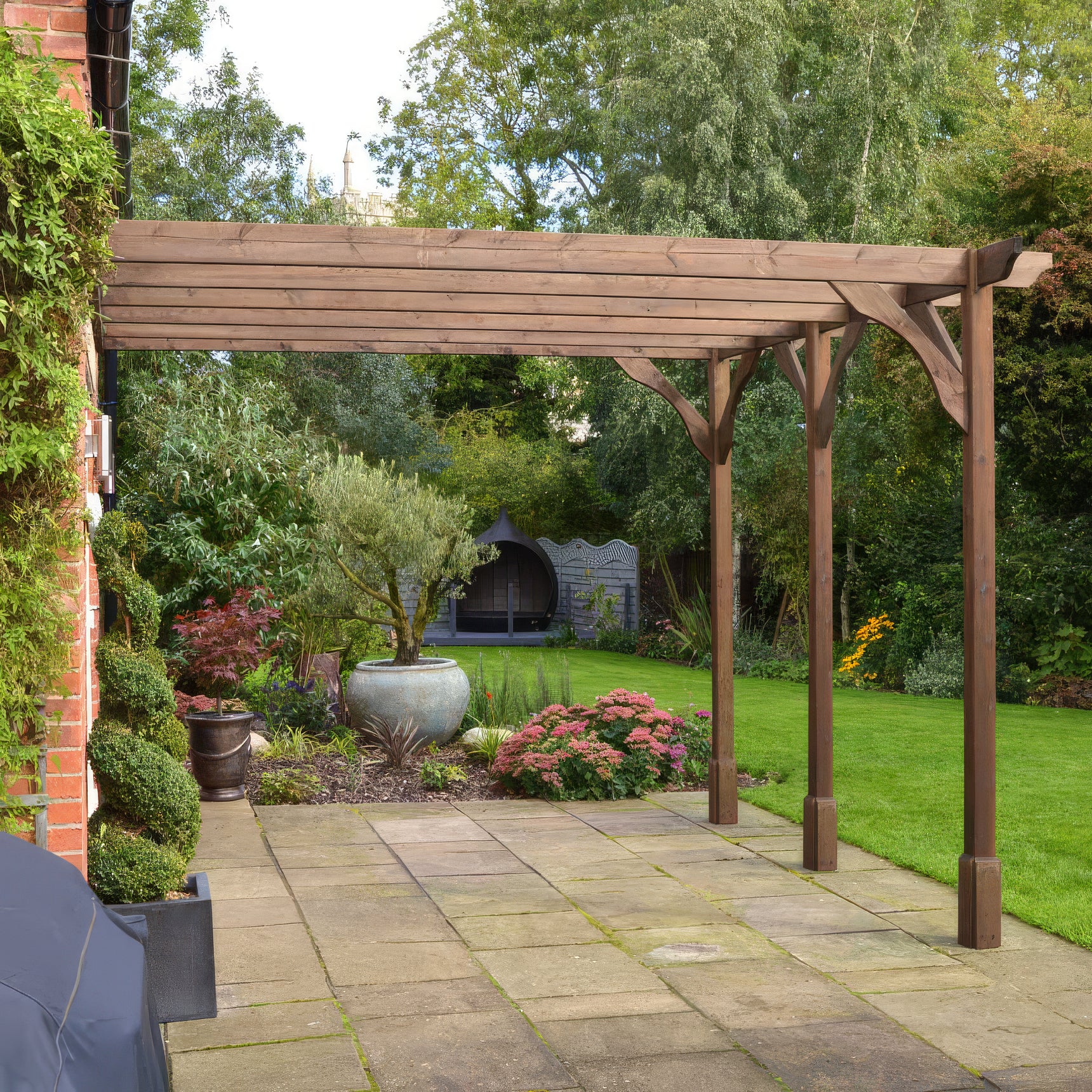 Wall Mounted Premium Pergola - Rustic Brown - 2.4m Depth x 4.2m Length