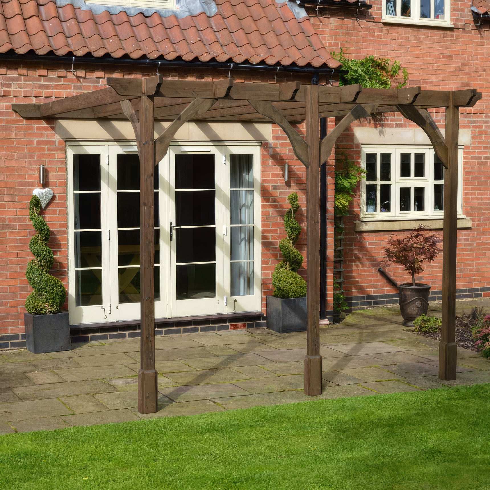 Wall Mounted Premium Pergola - Rustic Brown - 4.2m Depth x 4.8m Length