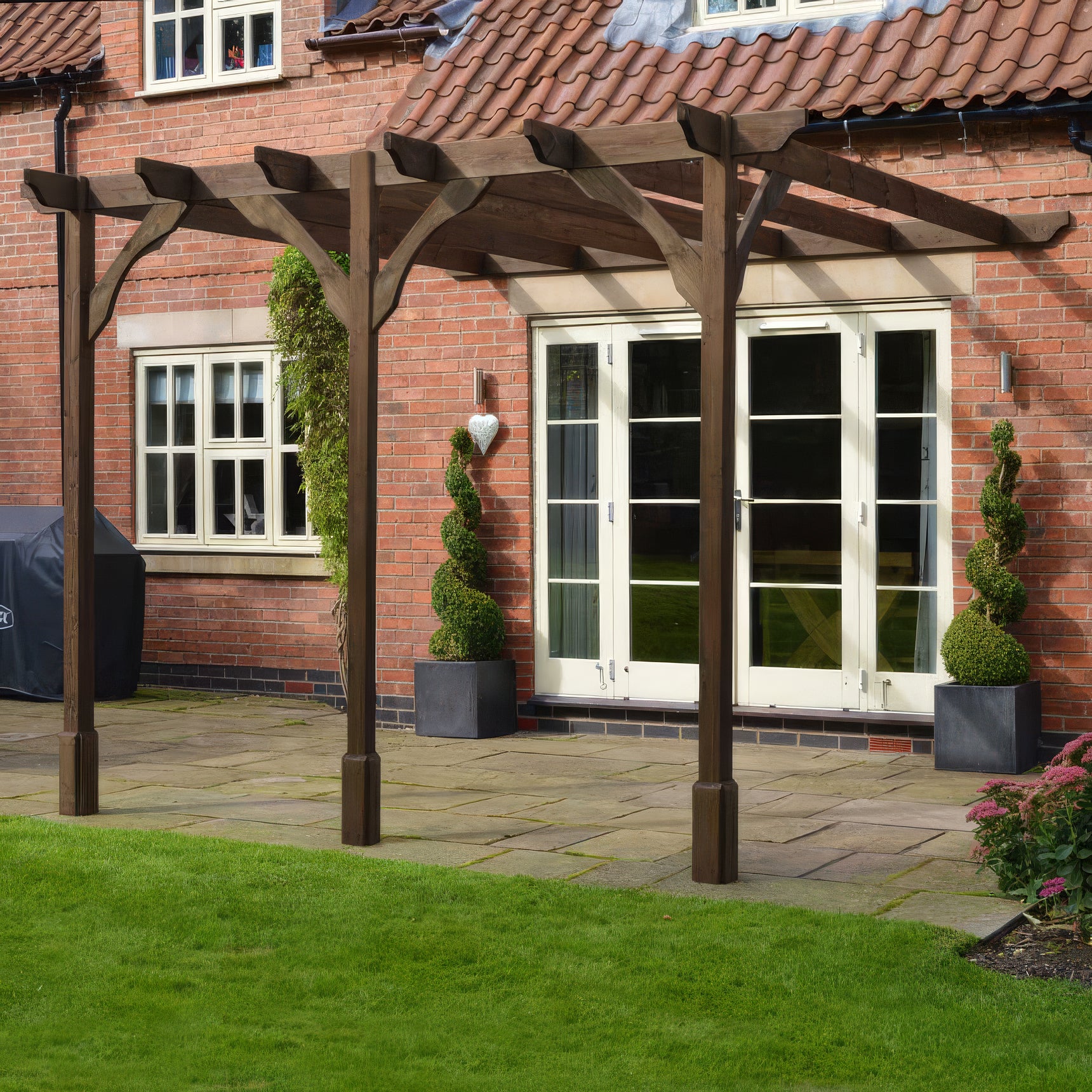Wall Mounted Premium Pergola - Rustic Brown - 2.4m Depth x 4.2m Length